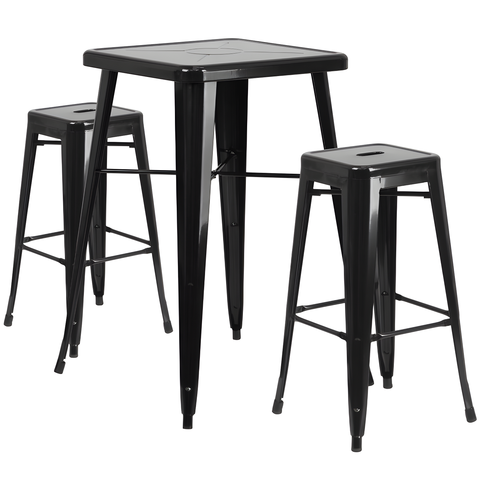 Flash Furniture Commercial Grade 23.75" Square Black Metal Indoor-Outdoor Bar Table Set with 2 Square Seat Backless Stools