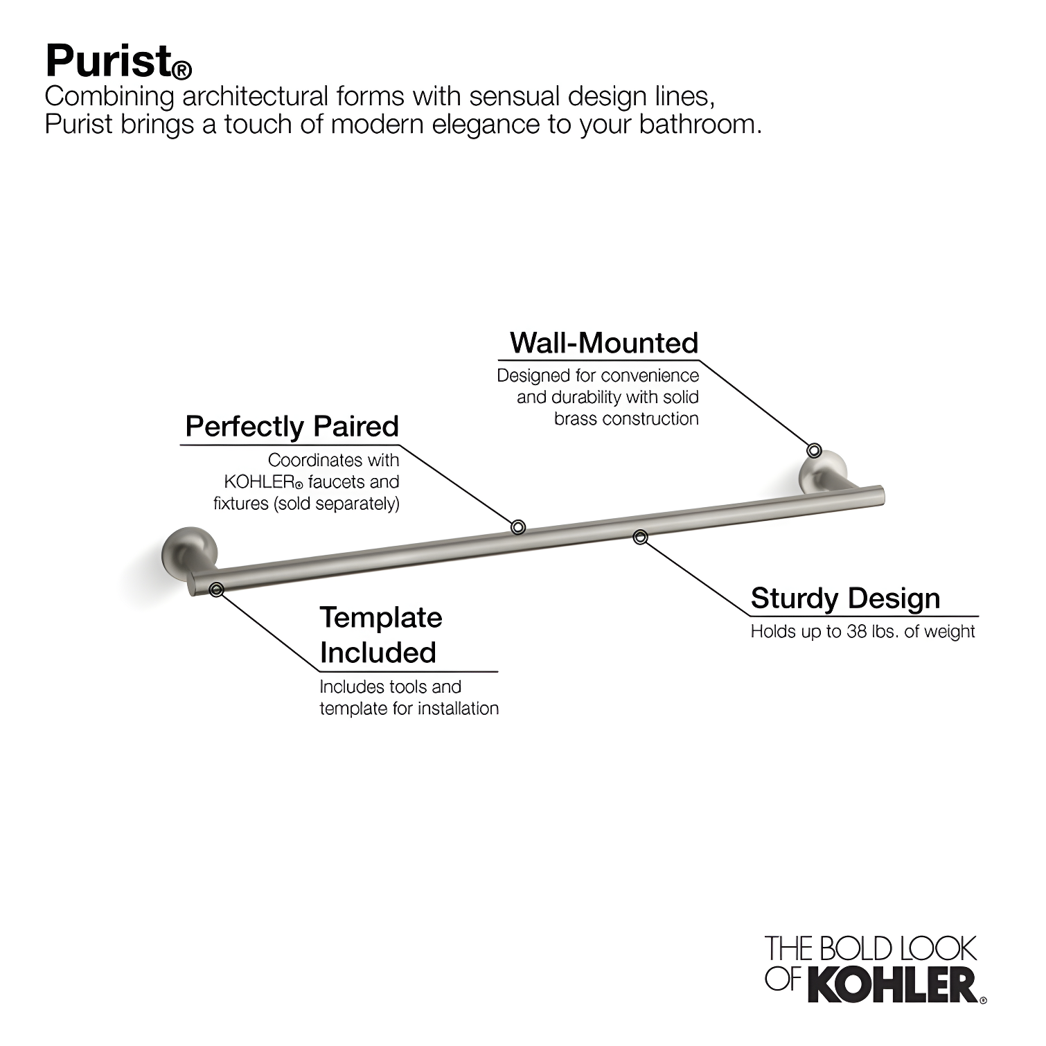 Purist® 24" Wall Mounted Round Towel Bar, Metal Wall-Mounted Towel Holder