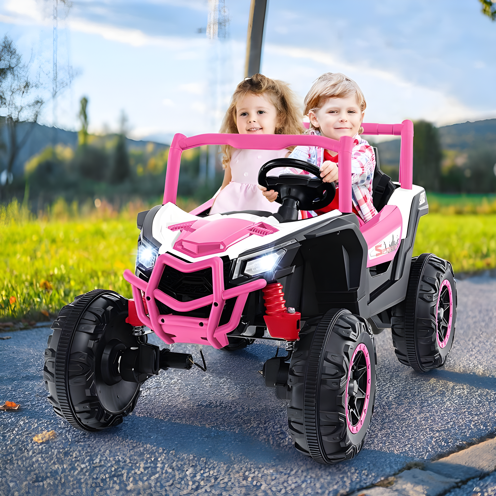 Costway 24V Kids Ride on UTV with 4 x 100W Powerful Engine Remote Control High/Low Speed Pink