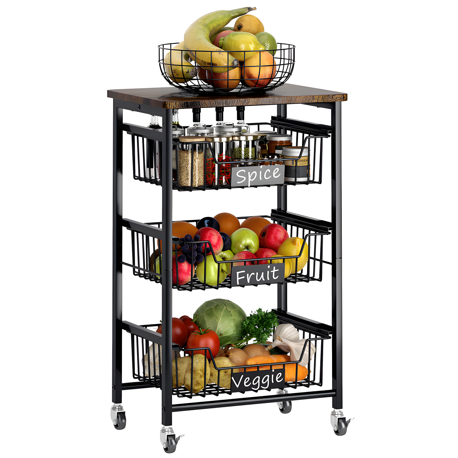 Small Kitchen Storage Cart On Wheels, Metal Fruit Basket Stand With Pull-Out Baskets & Wood Top For Potato Onion Produce Snack Veggies,(4-Tier /Black+ Rustic Board)