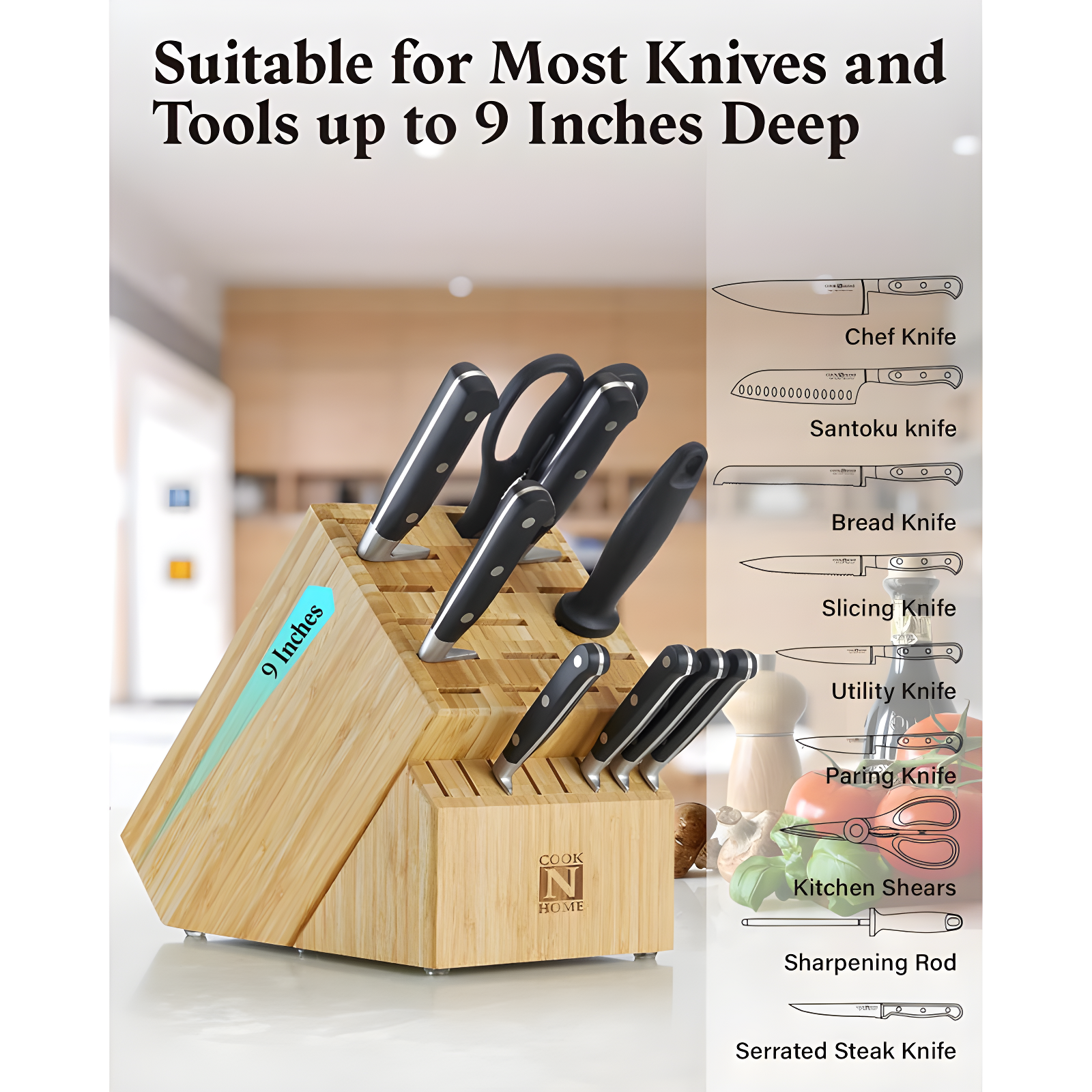 Cook N Home Cook N Home Bamboo Knife Storage Block Without Knives, 25 Slots Universal Knife Holder Countertop Butcher Block Knife Stand For Easy Kitchen Storage
