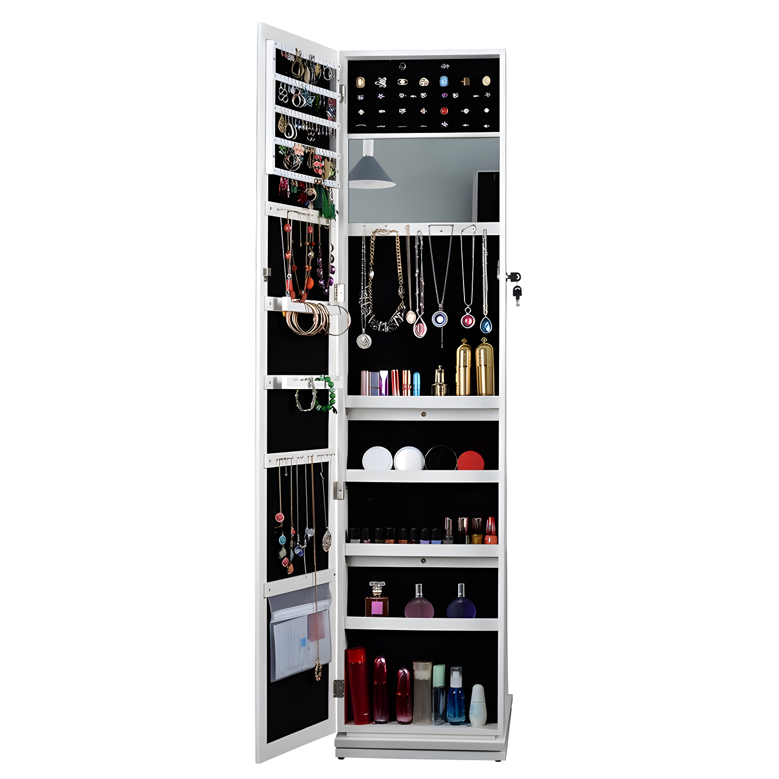 360° Swivel Jewelry Cabinet, Rotatable Full Length Mirror With Jewelry Storage, Lockable Standing Jewelry Armoire Organizer,white