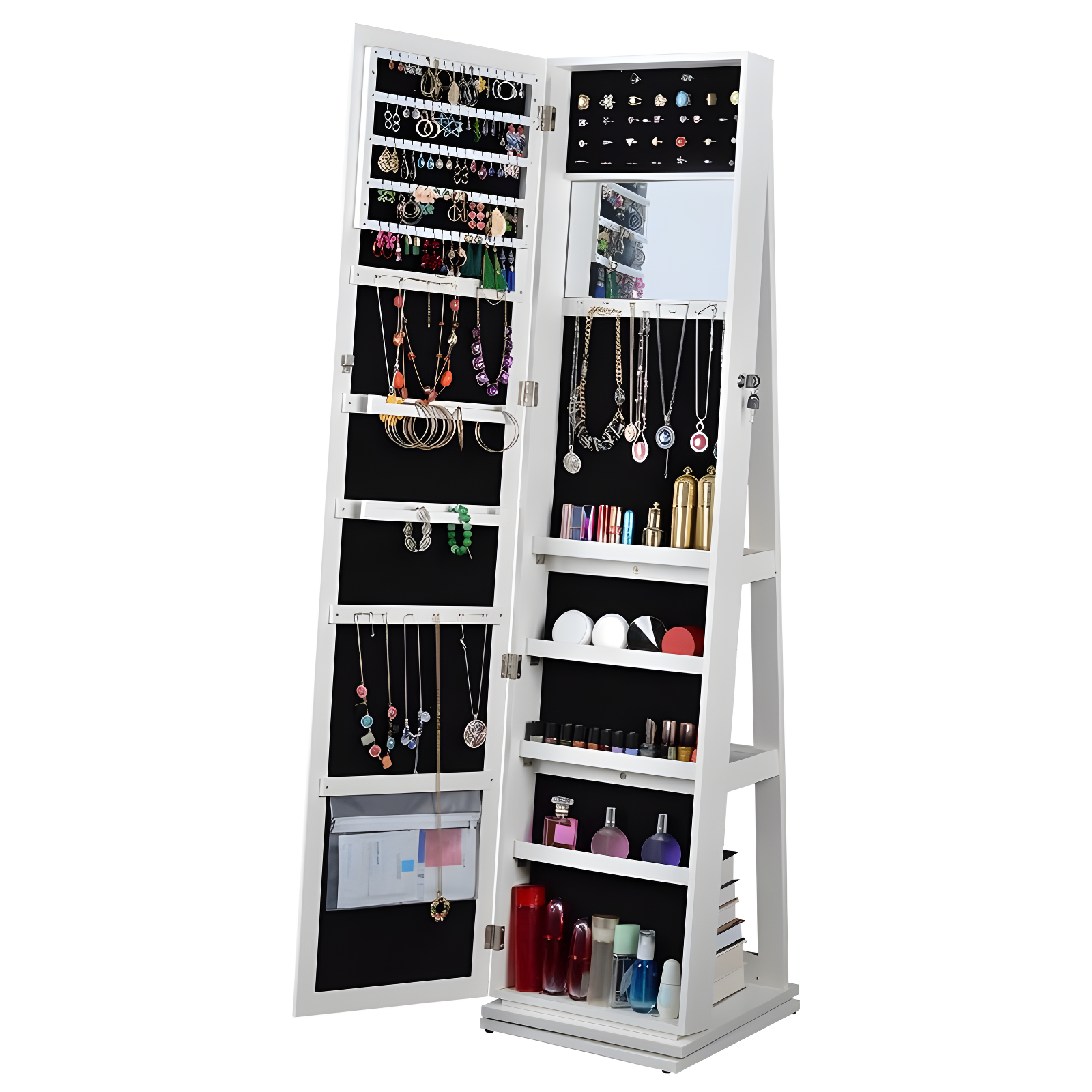 360° Swivel Jewelry Cabinet, Rotatable Full Length Mirror With Jewelry Storage, Lockable Standing Jewelry Armoire Organizer,white
