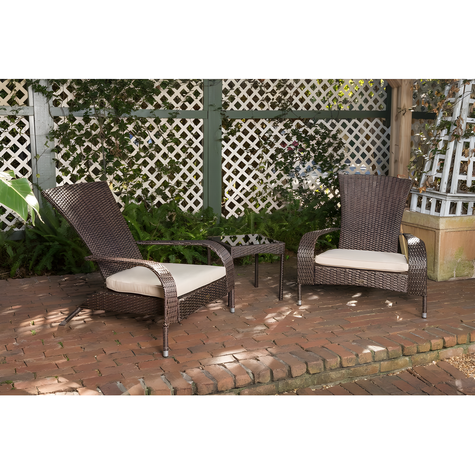PatioSense Duplex Patio Sense Coconino Wicker Conversation Set, Durable Adirondack Style Chairs Includes Khaki Cushions - Mocha