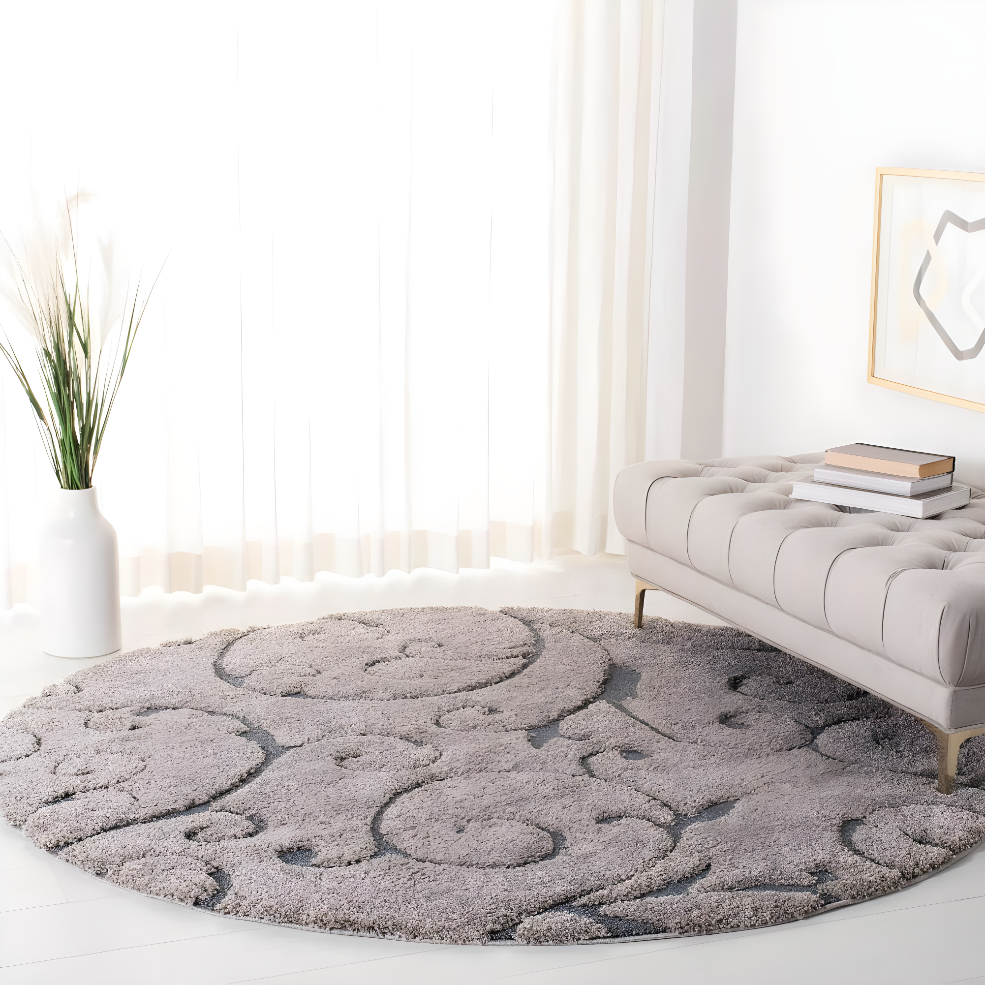 SAFAVIEH Florida Doug Floral Vines Shag Area Rug, Grey/Light Blue, 10' x 10' Round