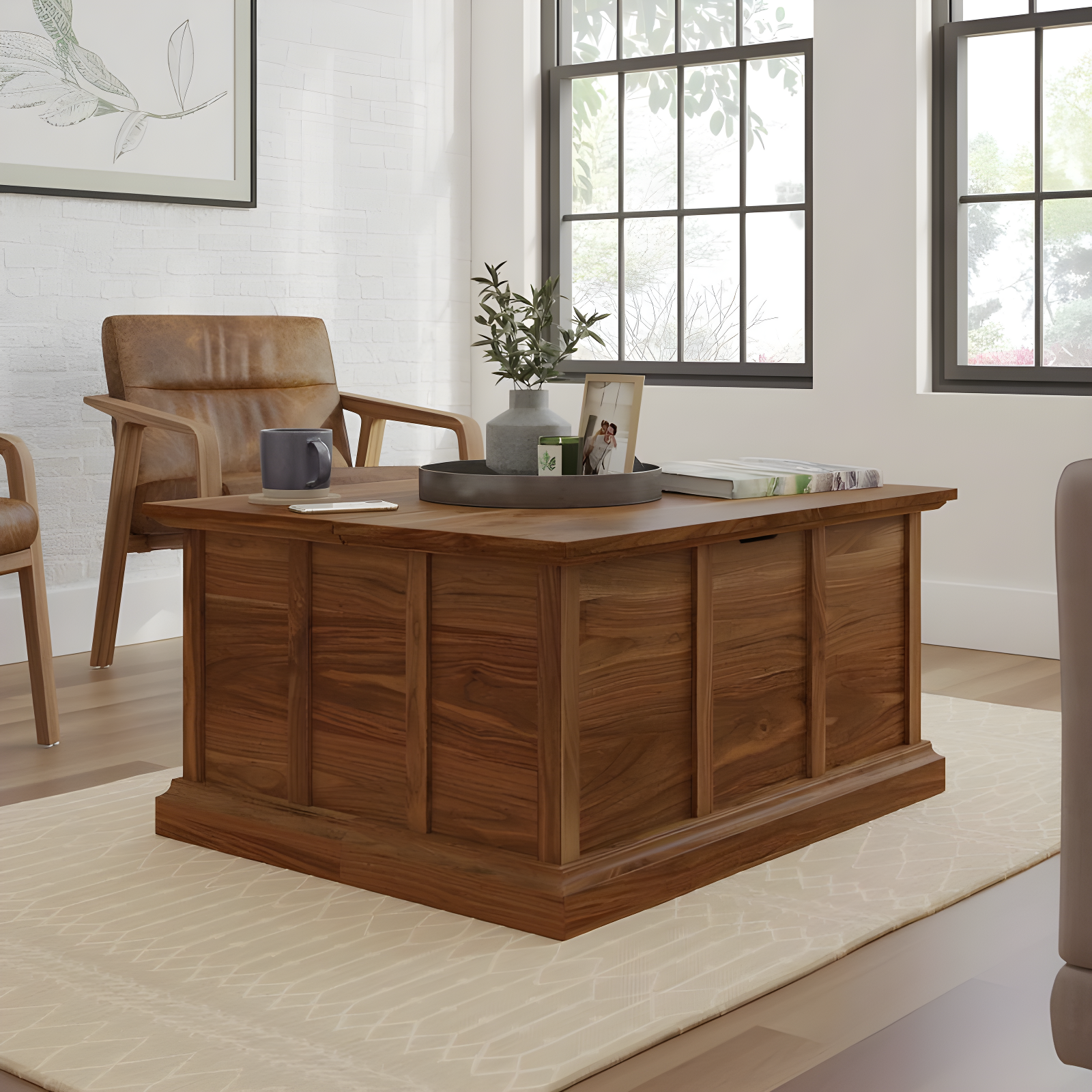 Sauder Cottage Road Storage Coffee Table Grand Walnut: Laminated Finish, Metal Frame, Lid Stay Technology, CARB Certified, MDF