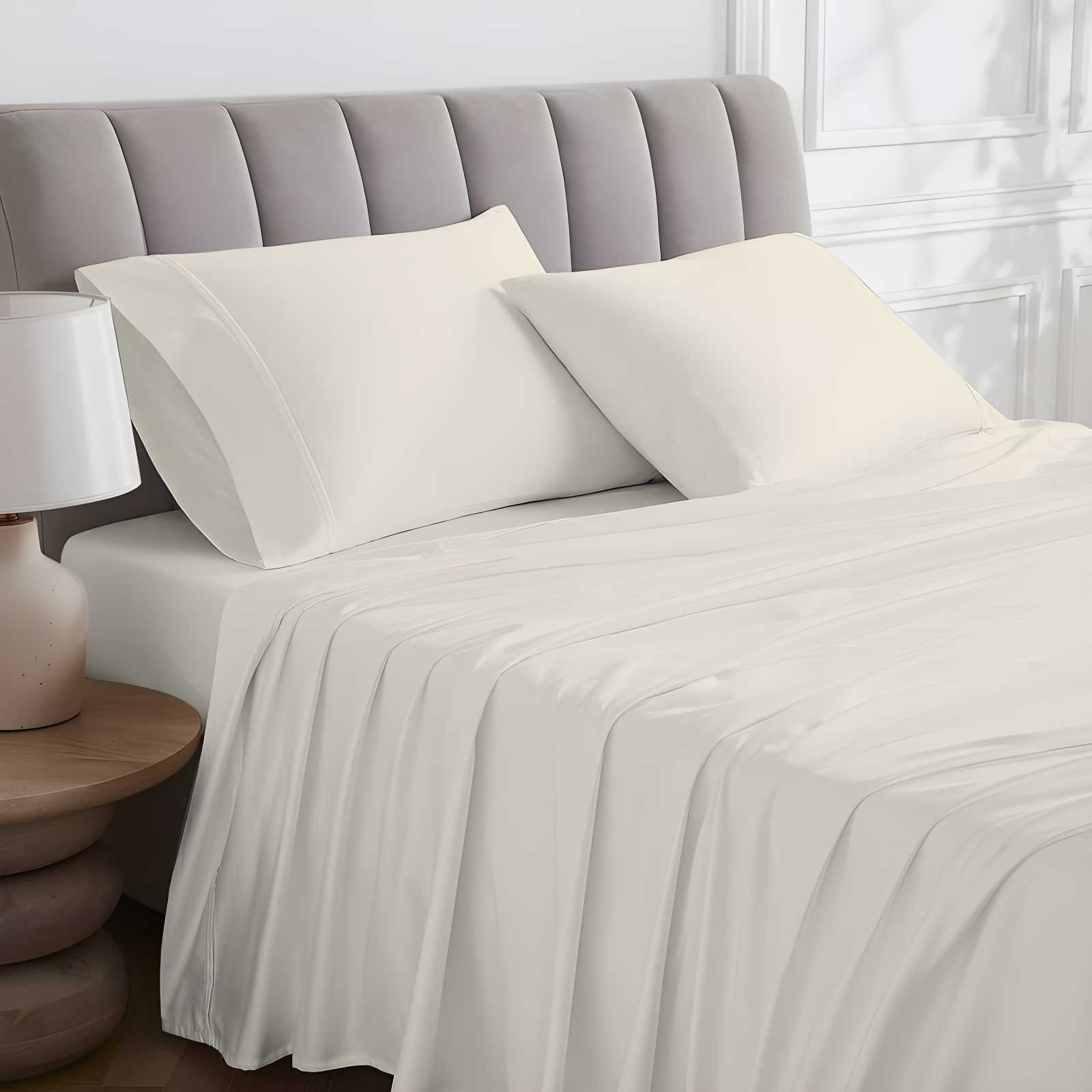 Full 400 Thread Count Wrinkle Free Cotton Sheet Set Ivory - Purity Home: Sateen Weave, Deep Pocket Fitted Sheet, OEKO-TEX Certified