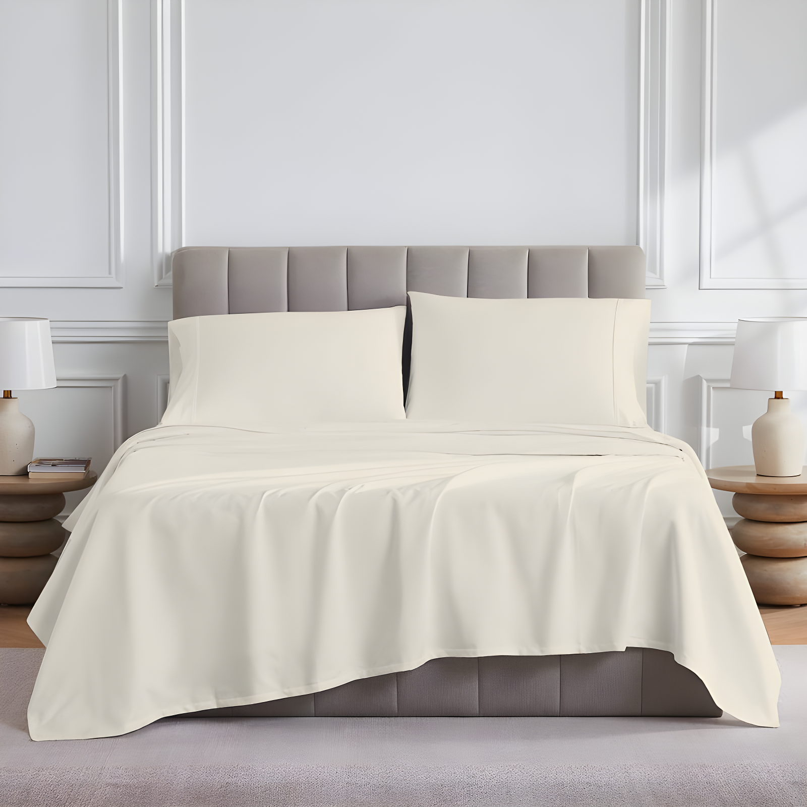 Full 400 Thread Count Wrinkle Free Cotton Sheet Set Ivory - Purity Home: Sateen Weave, Deep Pocket Fitted Sheet, OEKO-TEX Certified