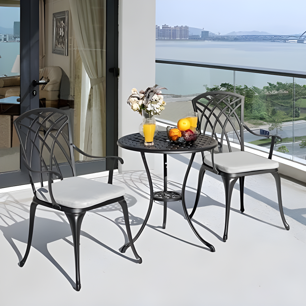 Black Cast Aluminum 3-Piece Bistro Set with Grey Cushions