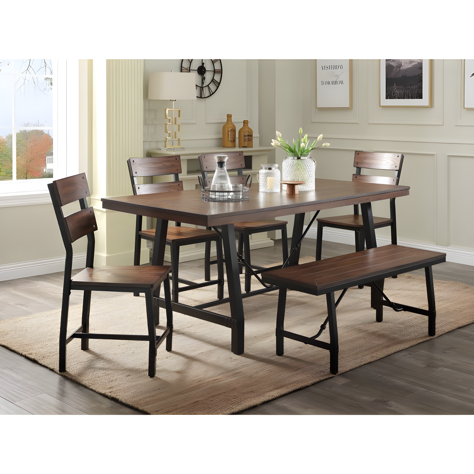 Acme Furniture 72" Mariatu Dining Table Oak/Black Finish: Trestle Base, Seats 6, Wood Composite