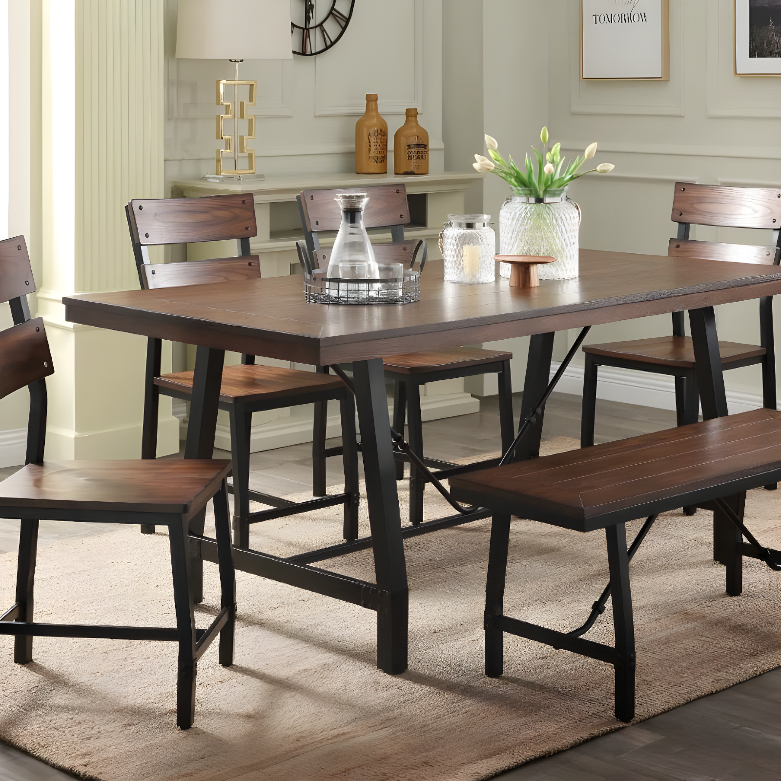 Acme Furniture 72" Mariatu Dining Table Oak/Black Finish: Trestle Base, Seats 6, Wood Composite