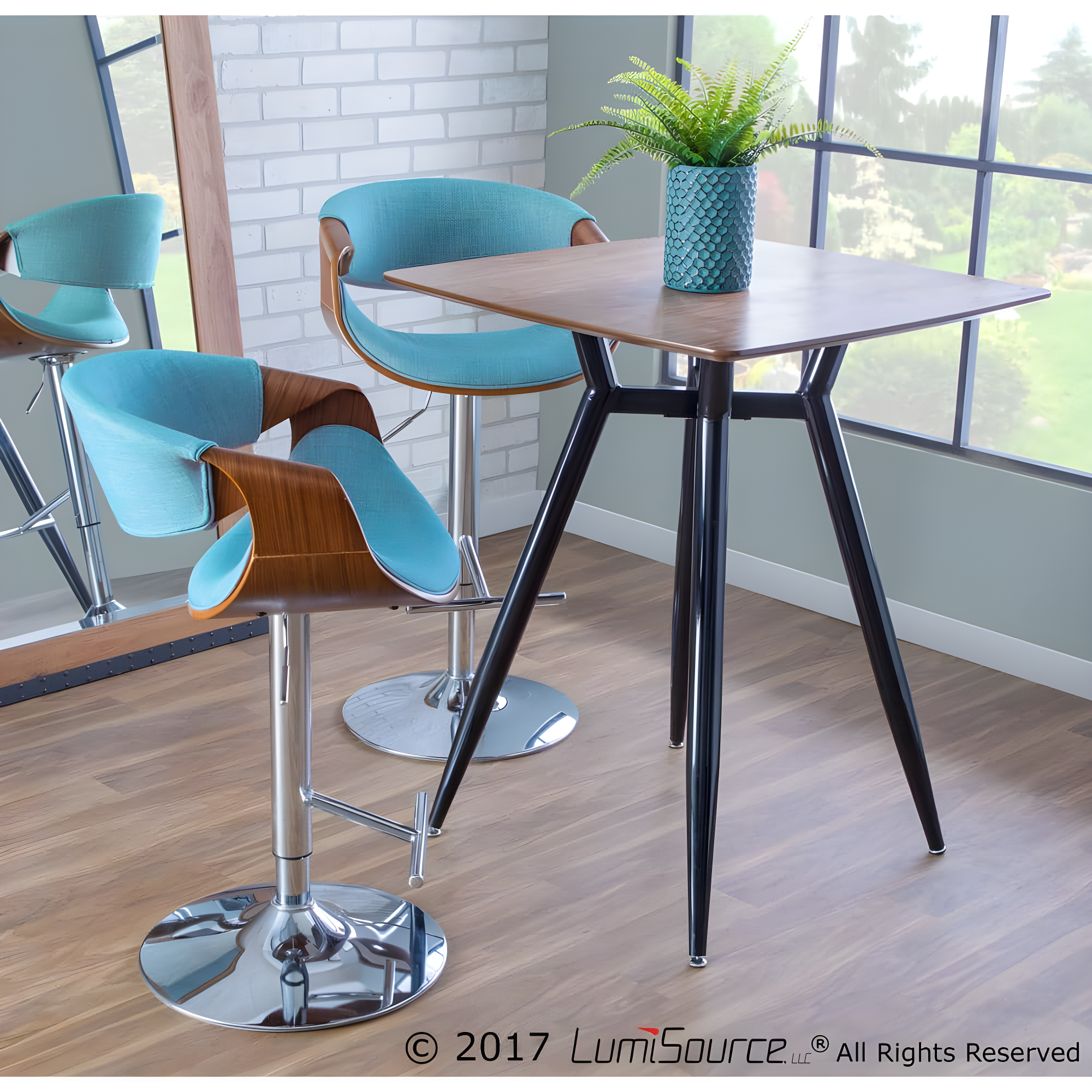 Curvo Mid-Century Modern Adjustable Barstool with Swivel in Walnut and Teal by LumiSource