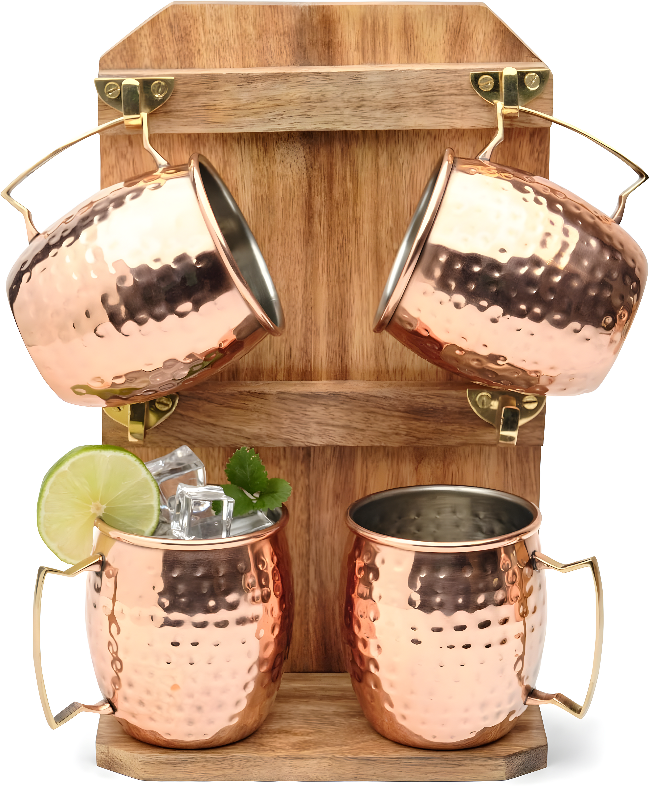 Moscow Mule Mugs | Stainless Steel with Copper Finish | Large 18 Oz Capacity | Set of 4 Mugs | Bonus Solid Wood Mug Stand with Brass Hooks