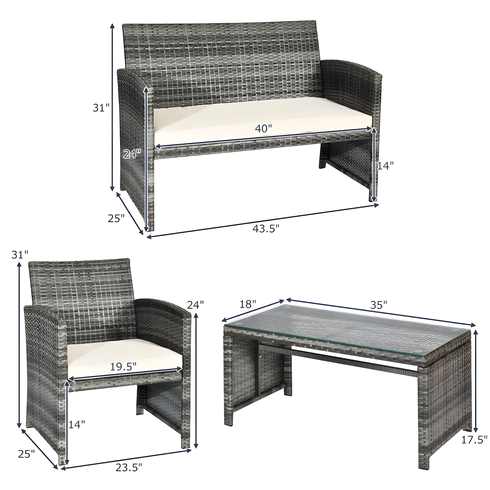 Costway 4PCS Rattan Patio Furniture Set Garden Lawn Sofa Cushioned Seat Mix Gray Wicker