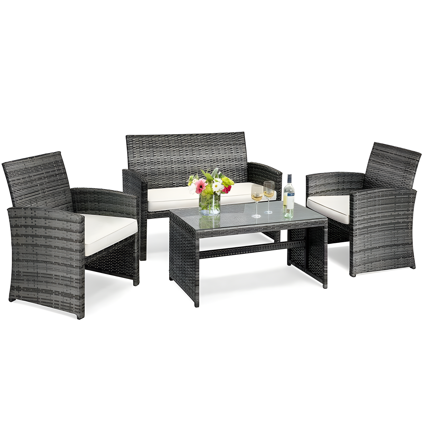 Costway 4PCS Rattan Patio Furniture Set Garden Lawn Sofa Cushioned Seat Mix Gray Wicker