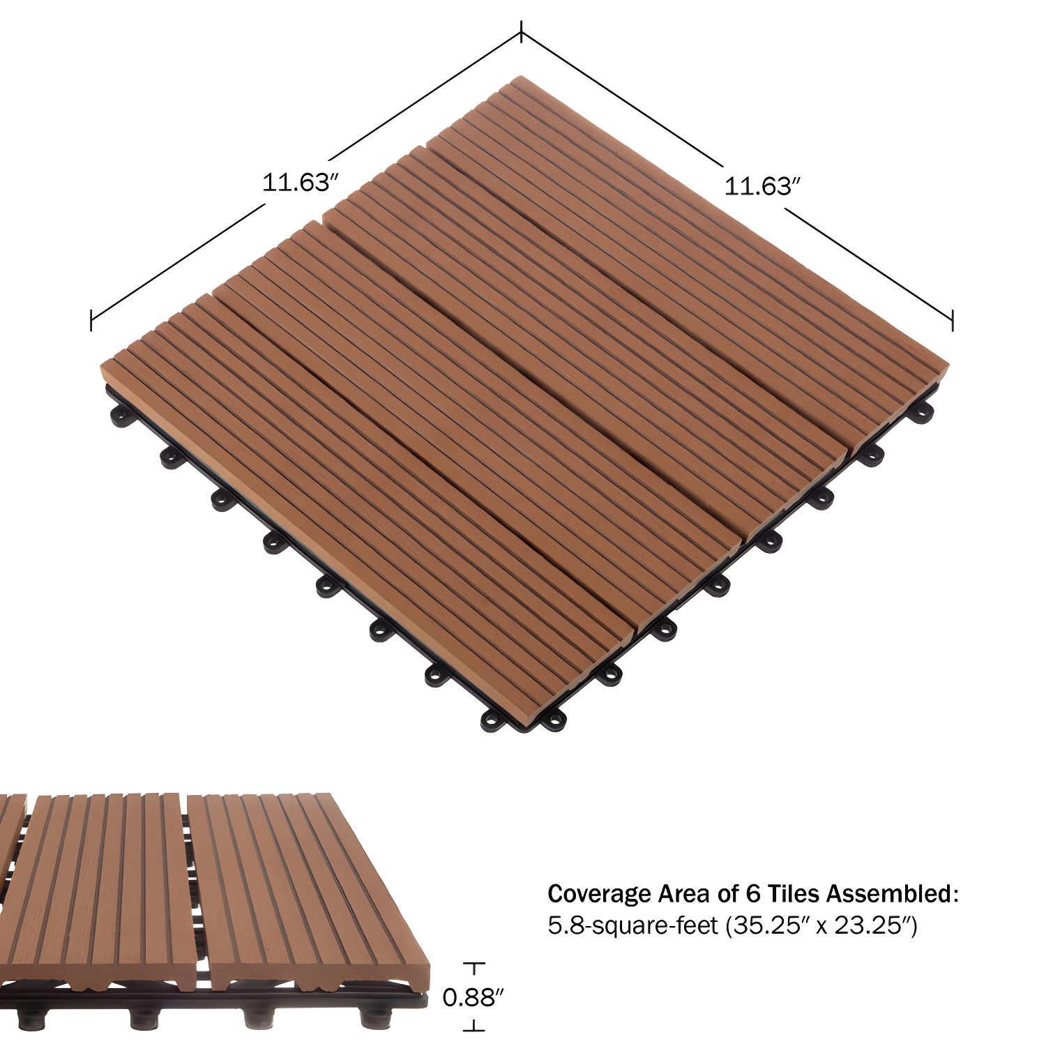 Deck Tiles - 6-Pack Wood Plastic Composite Interlocking Patio Tiles - 5.8SQFT Outdoor Flooring for Balcony, Porch, and Garage by Pure Garden