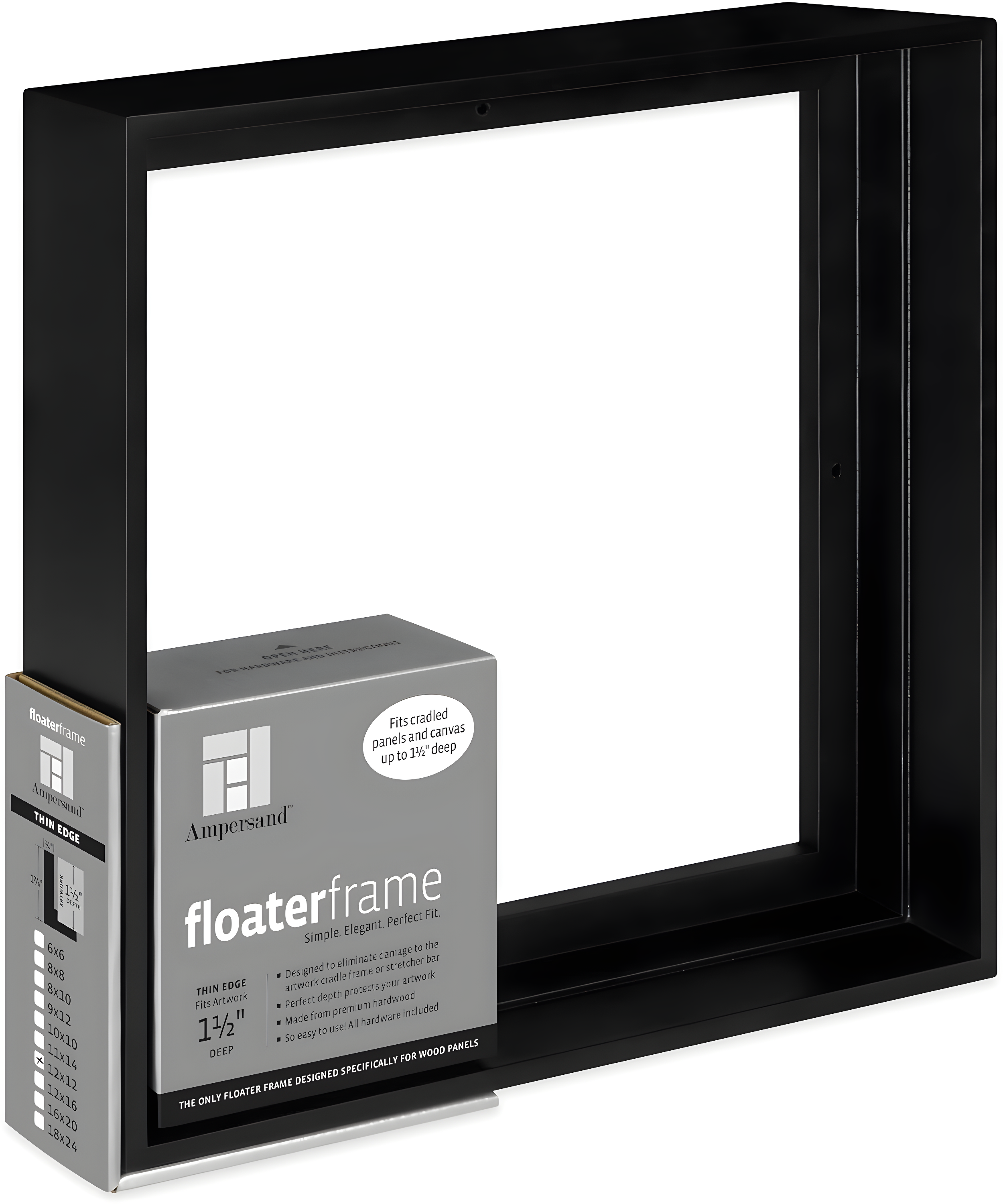 Ampersand Art Floaterframes Thin Edge (1/4" Face) 1-7/8" Frame Profile for 1-1/2" Deep Artwork 12" x 12" Black