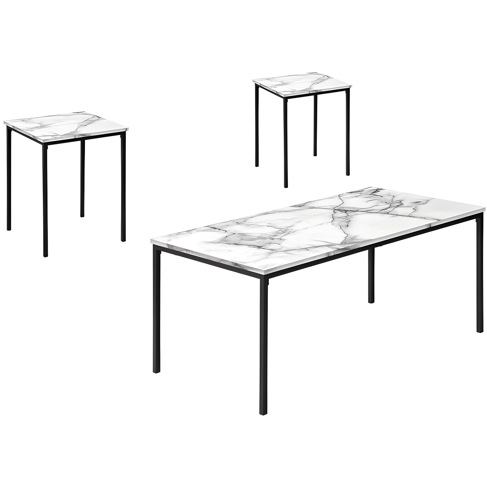 Monarch Specialties Table Set 3pcs Set Coffee End Black Metal White Marble Look Laminate Contemporary Modern