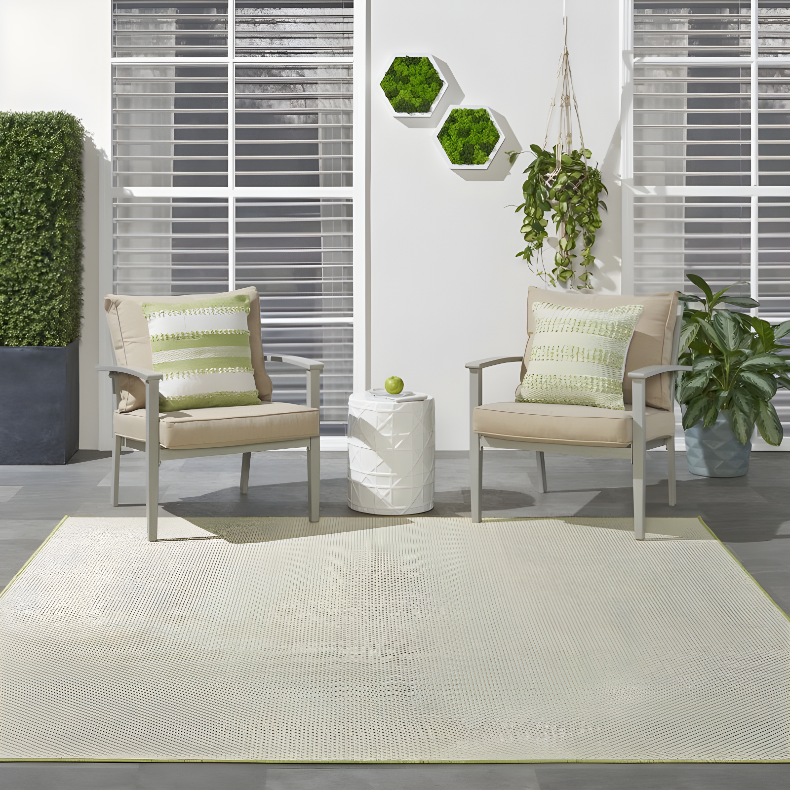 Nourison 8' x 8' Courtyard Modern Easy Care Flatweave Indoor Outdoor Square Rug Ivory Green