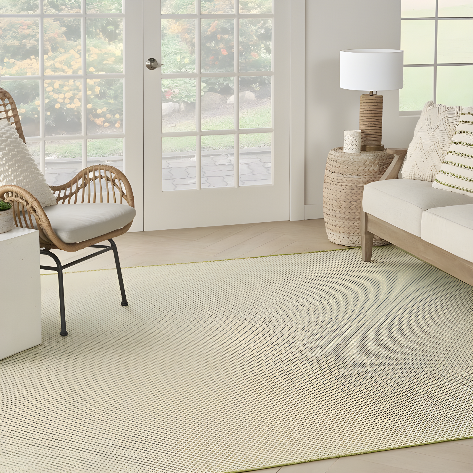 Nourison 8' x 8' Courtyard Modern Easy Care Flatweave Indoor Outdoor Square Rug Ivory Green