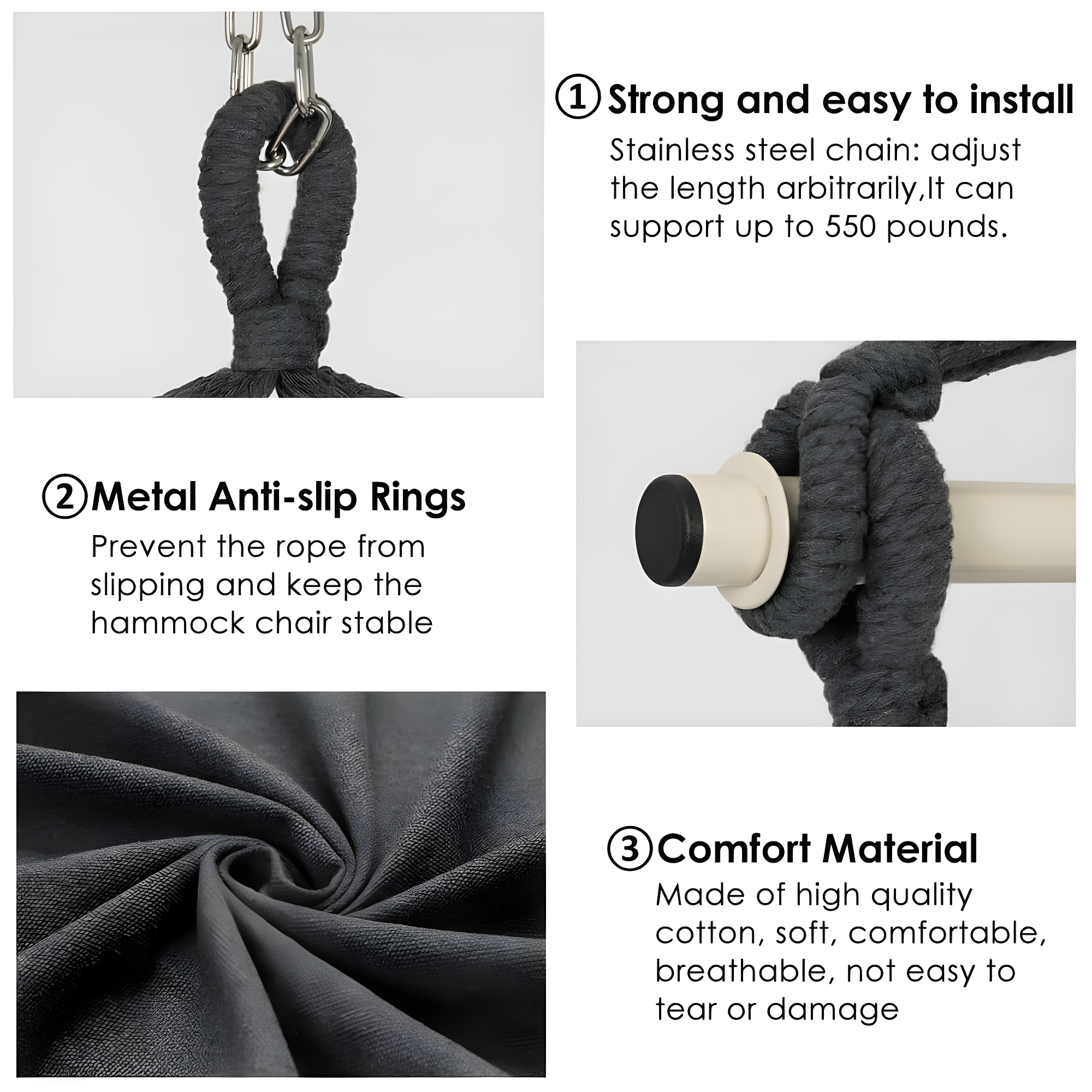 Y- STOP Hammock Chair Hanging Rope Swing, Max 500 Lbs, 2 Cushions Included, Large Macrame Hanging Chair with Pocket, Cotton Weave for Superior Comfort, Durability (Dark Grey)