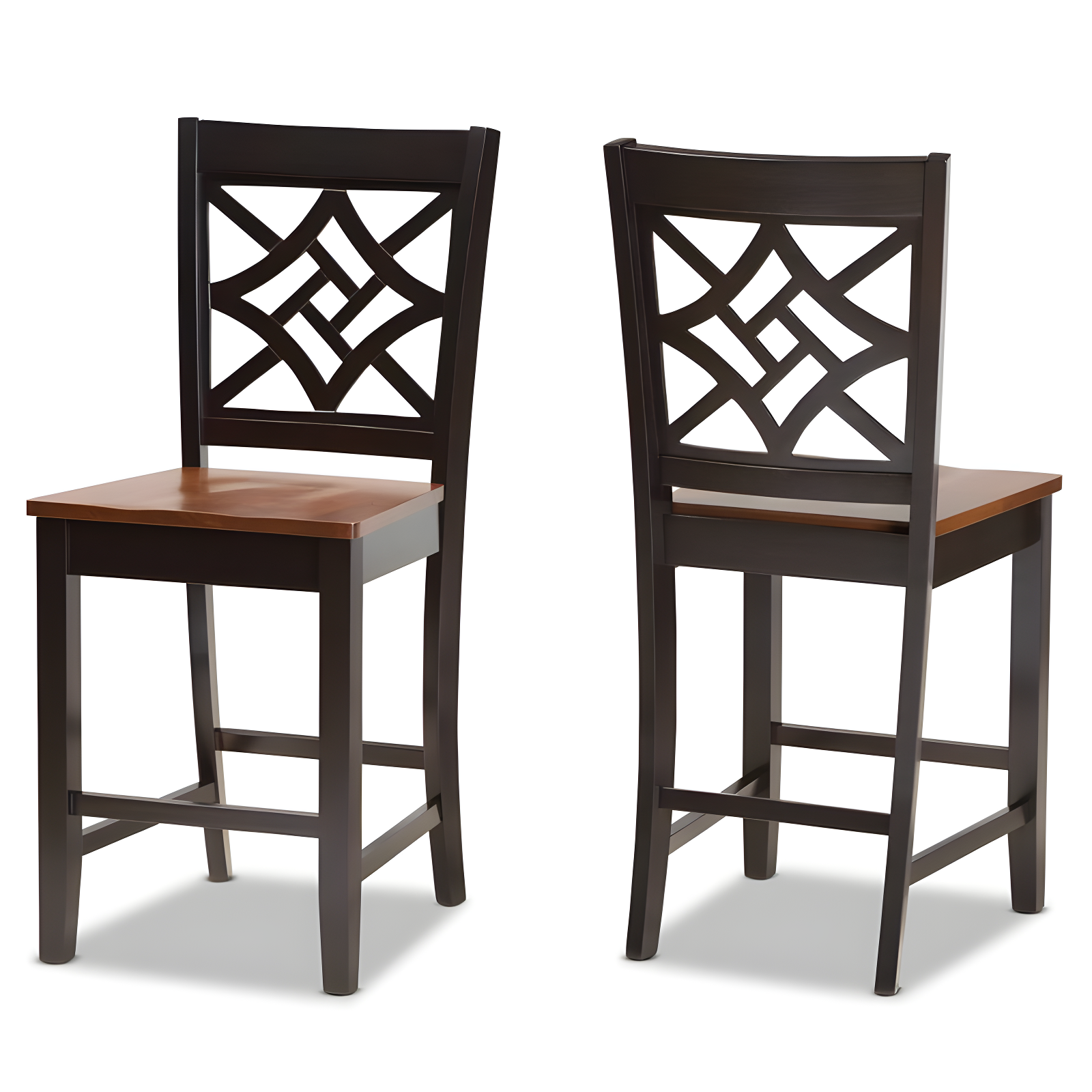 2pc Nicolette Two-Toned Wood Counter Height Barstools Brown/Walnut - Baxton Studio: Elegant Cut-Out Design, Polyester Upholstery