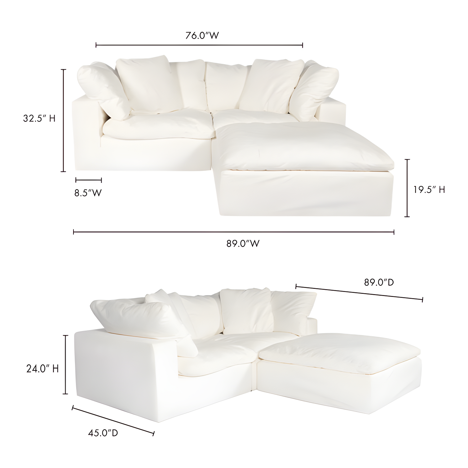 Chilton Nook 3-Piece White Microfiber Modular Sectional with Ottoman