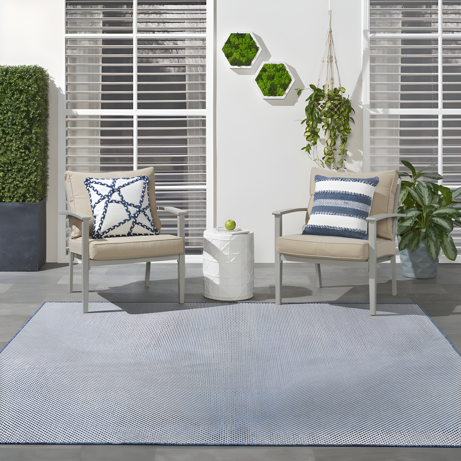 Nourison 6' x 6' Courtyard Modern Easy Care Flatweave Indoor Outdoor Square Rug Ivory Blue