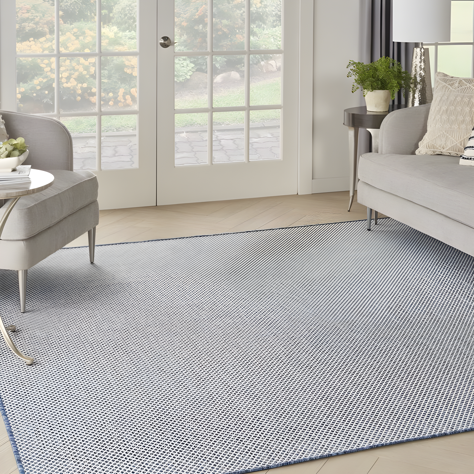 Nourison 6' x 6' Courtyard Modern Easy Care Flatweave Indoor Outdoor Square Rug Ivory Blue