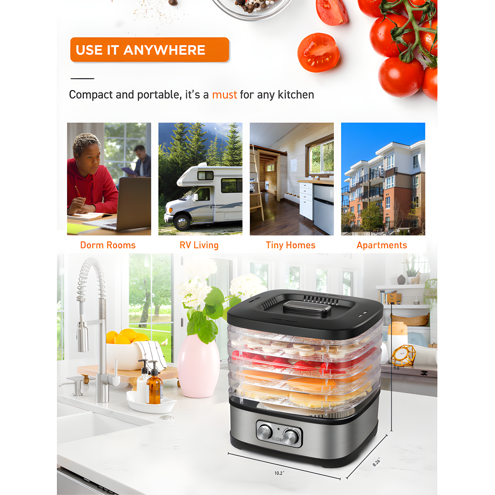 COMMERCIAL CHEF Food Dehydrator with 5 Adjustable Height Trays, Stainless Steel