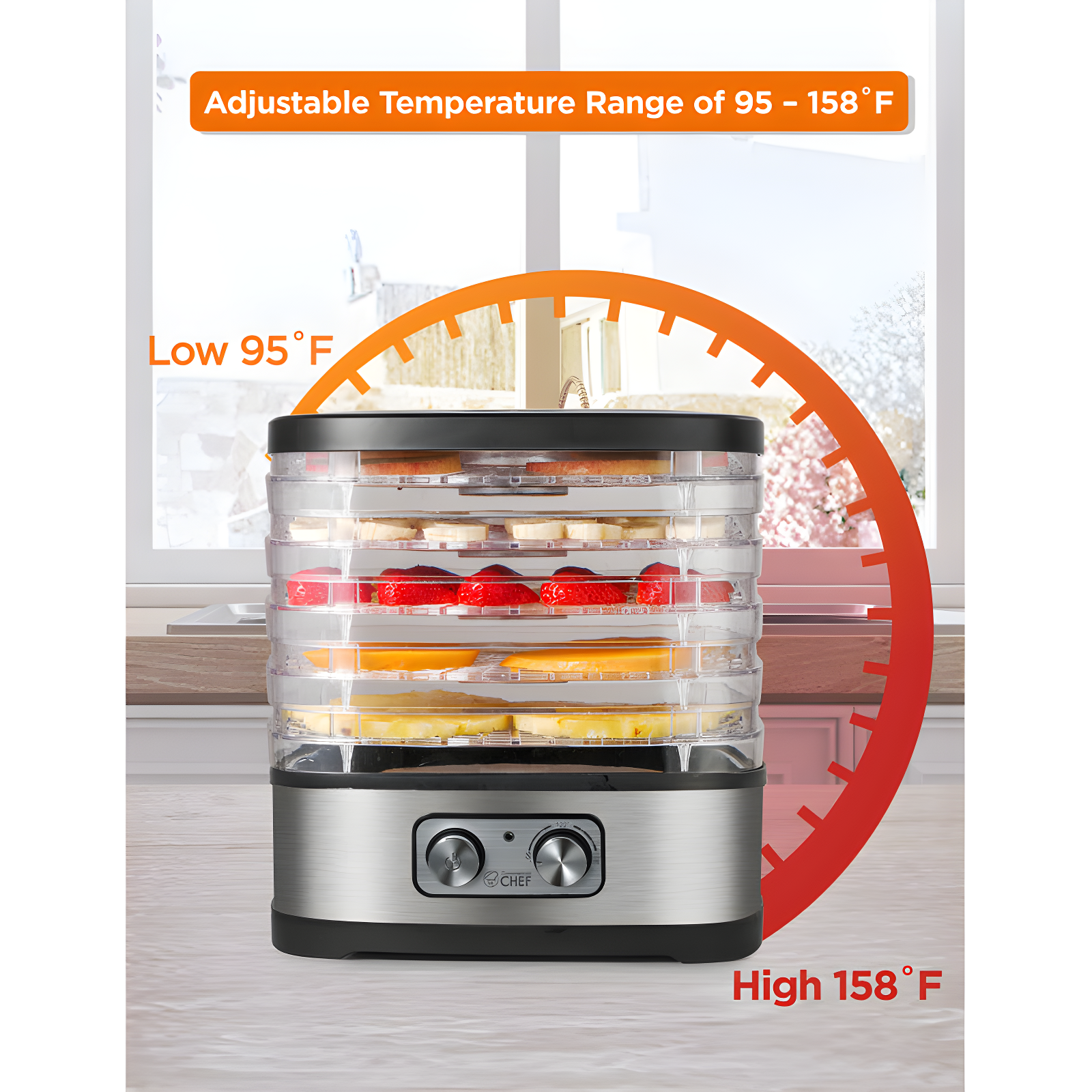 COMMERCIAL CHEF Food Dehydrator with 5 Adjustable Height Trays, Stainless Steel