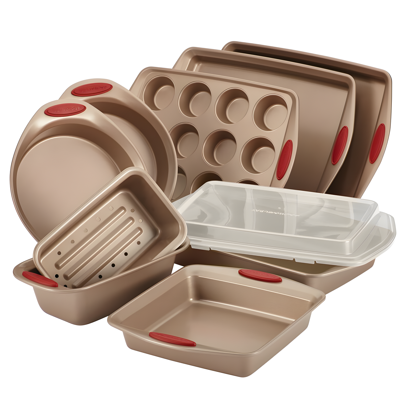 Rachael Ray Cucina Nonstick Bakeware Baking Pans Set, 10 Piece, Latte Brown and Cranberry Red