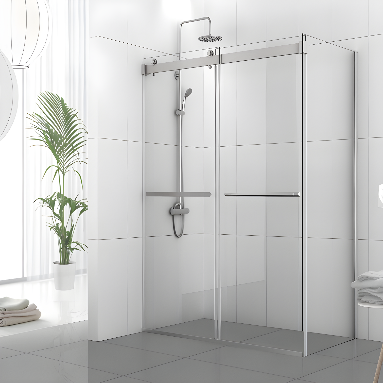 48" W x 35.8” D x 76" H Frameless Rectangle Sliding Shower Enclosure with Towel Bar