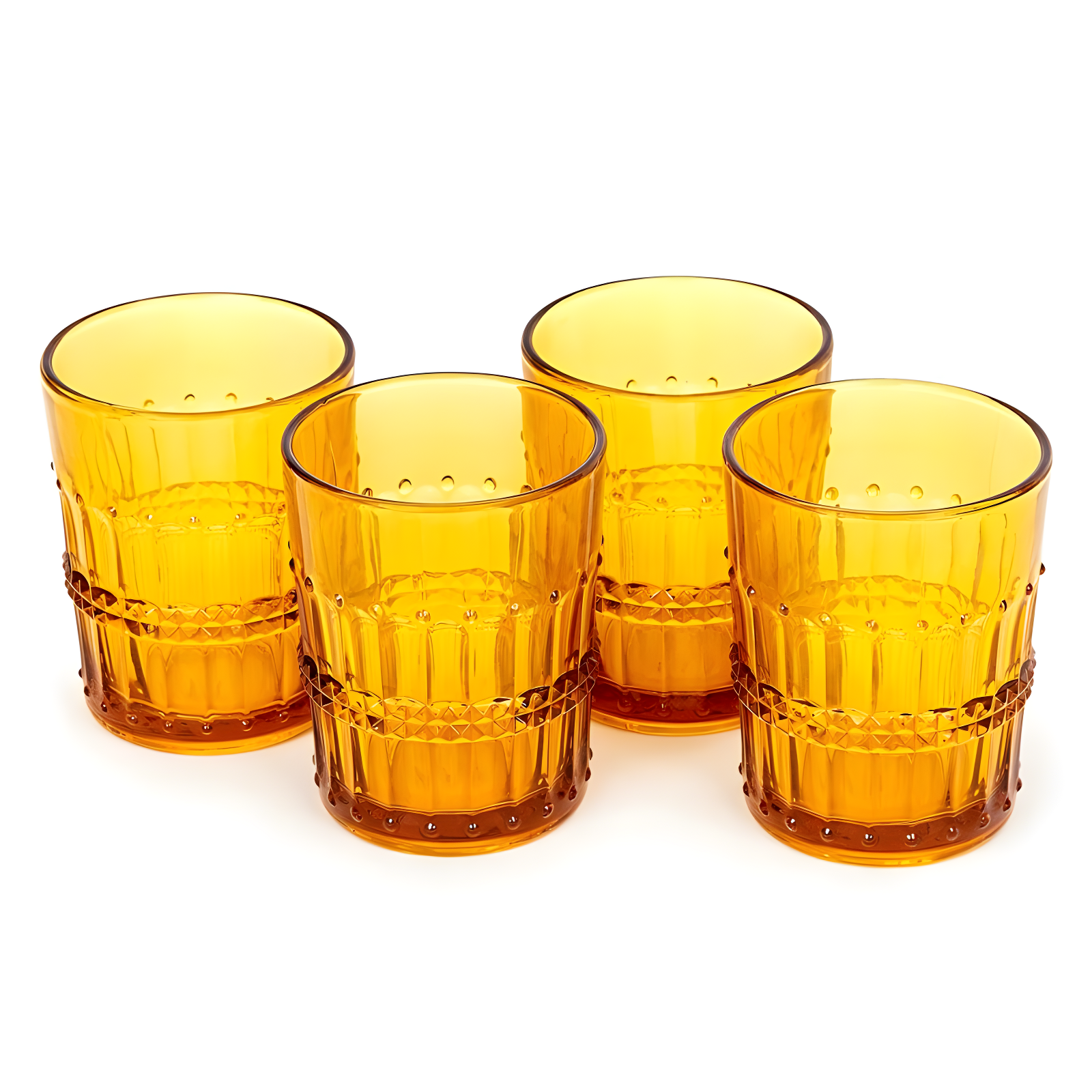 American Atelier Vintage Old Fashion 10 oz. Whiskey Glasses, Romantic Water Tumblers, Barware Glasses for Cocktails, Embossed Beaded, Set of 4, Amber
