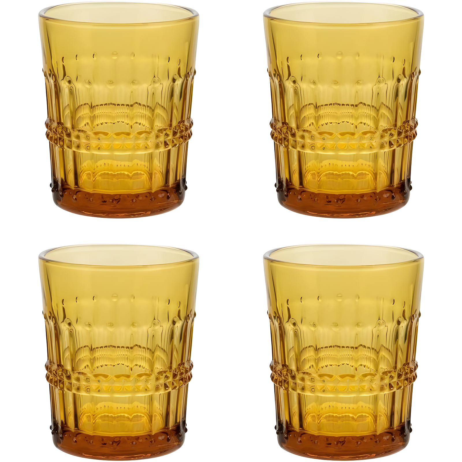 American Atelier Vintage Old Fashion 10 oz. Whiskey Glasses, Romantic Water Tumblers, Barware Glasses for Cocktails, Embossed Beaded, Set of 4, Amber