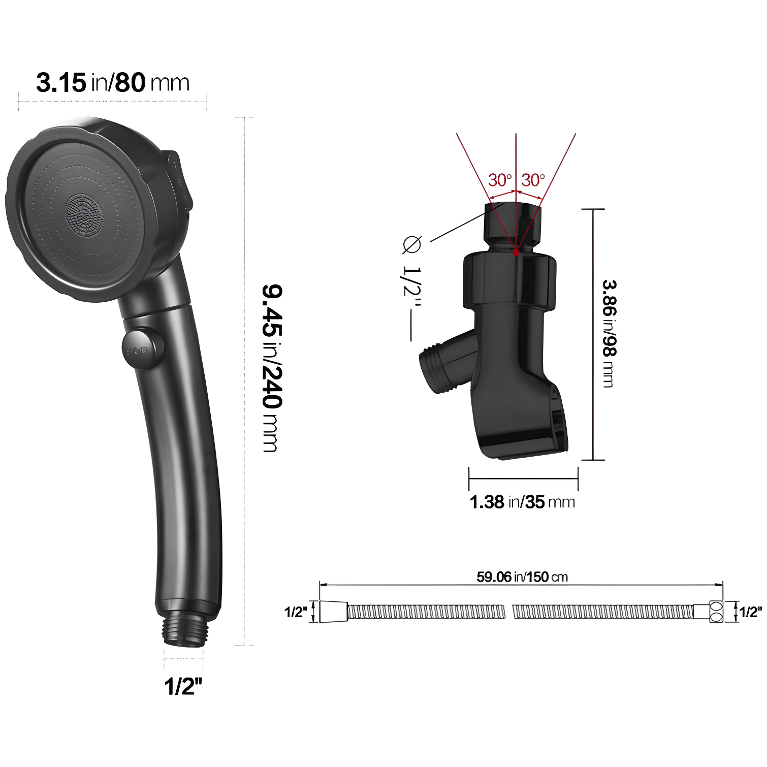 High Pressure Handheld Shower Head with ON/OFF Pause Switch, 3 Spray Modes Shower Head
