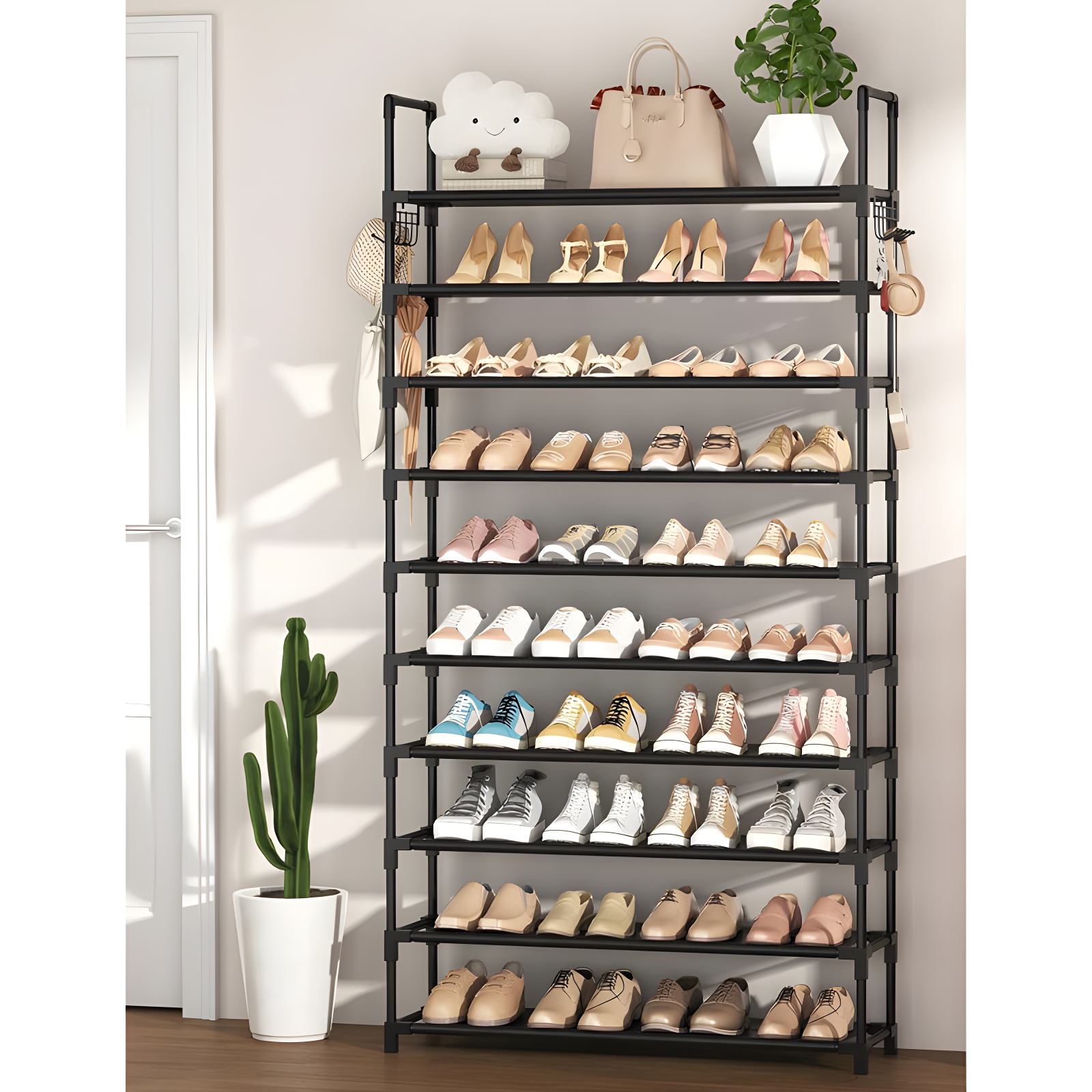 Rebrilliant The 10 Tiers Shoe Rack Tall Large Capacity 50 Pairs Wide Shoe Organizer with Two Hooks