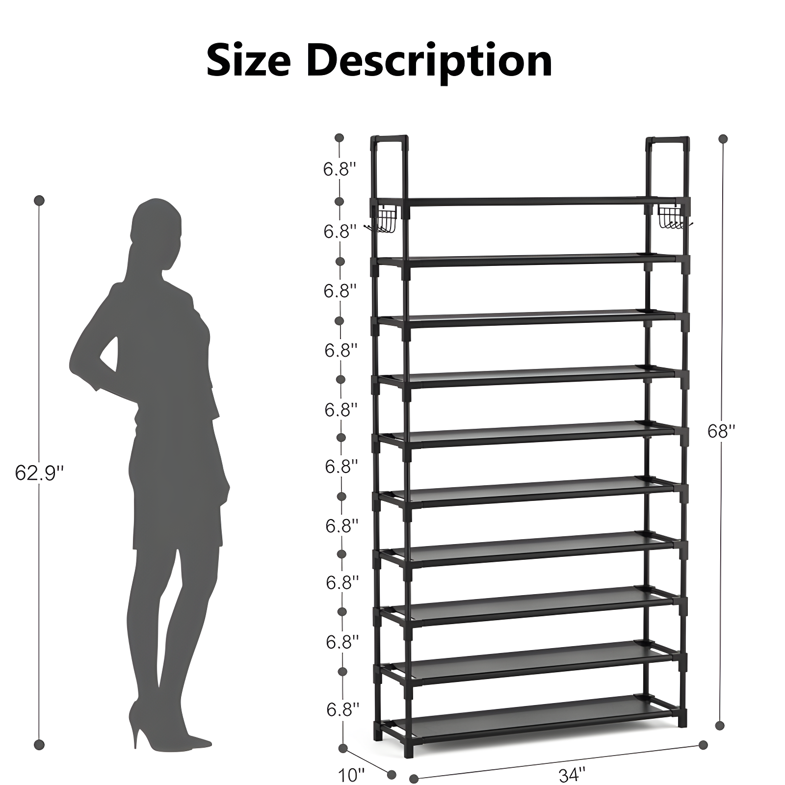 Rebrilliant The 10 Tiers Shoe Rack Tall Large Capacity 50 Pairs Wide Shoe Organizer with Two Hooks