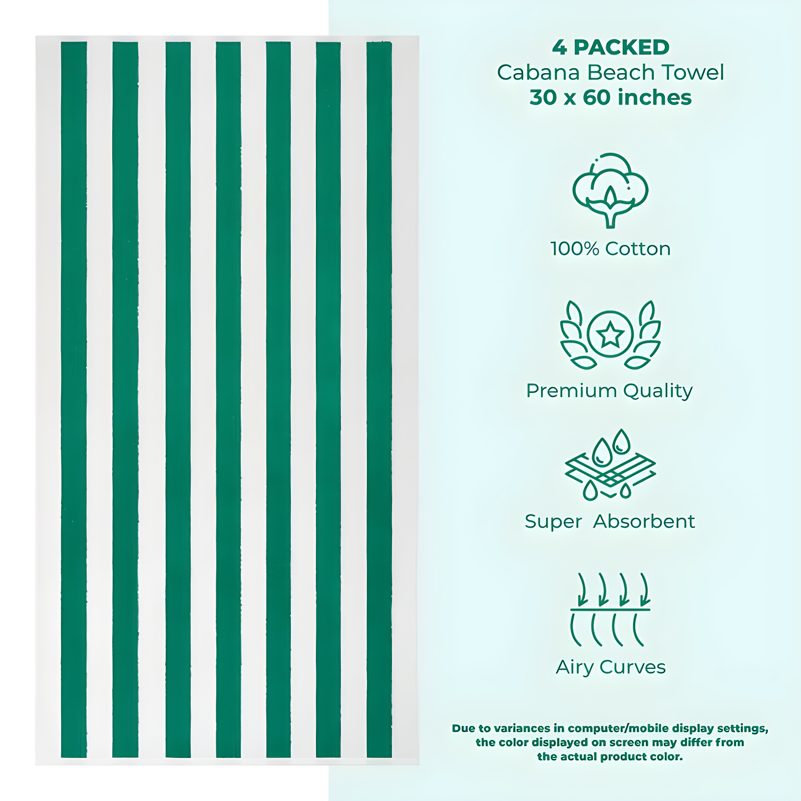 American Soft Linen Beach Towel, 100% Cotton Cabana Striped Beach Towel, 30 in by 60 in Soft Absorbent Beach Pool Towel
, Green