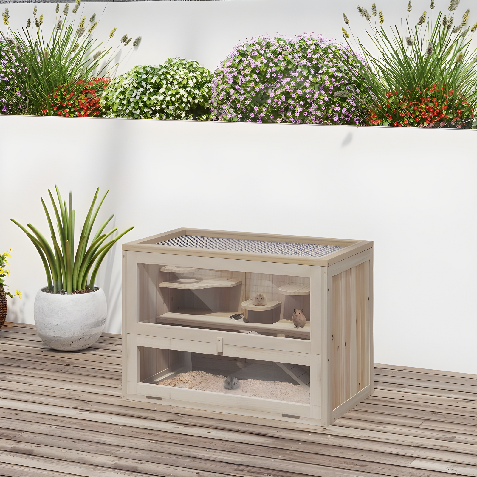 PawHut 2-Level Hamster Cage Mice and Rat House, Small Animal Habitat for Guinea Pigs, Chinchillas with Openable Top, Front Door, Natural