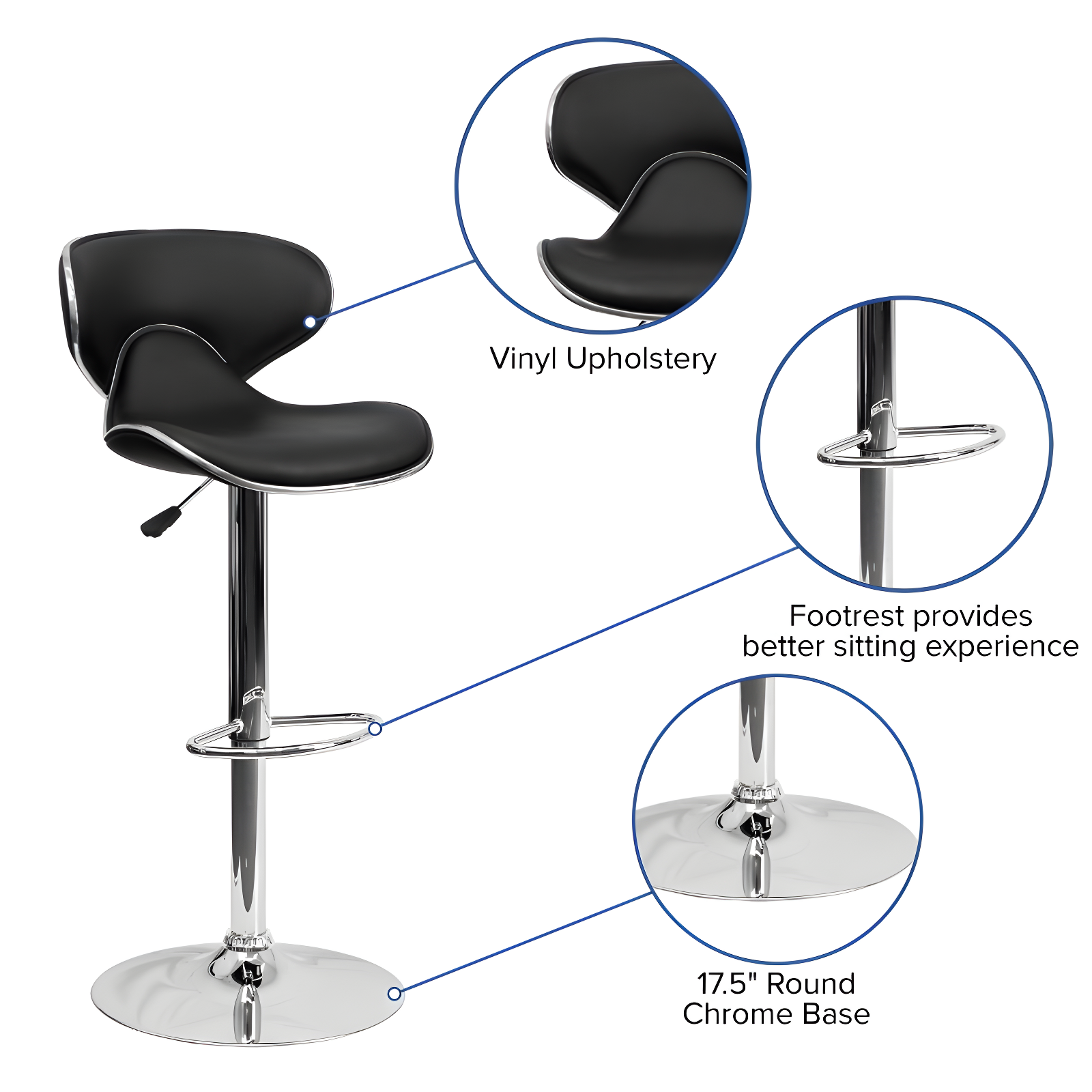 Flash Furniture Contemporary Cozy Mid-Back Black Vinyl Adjustable Height Barstool with Chrome Base