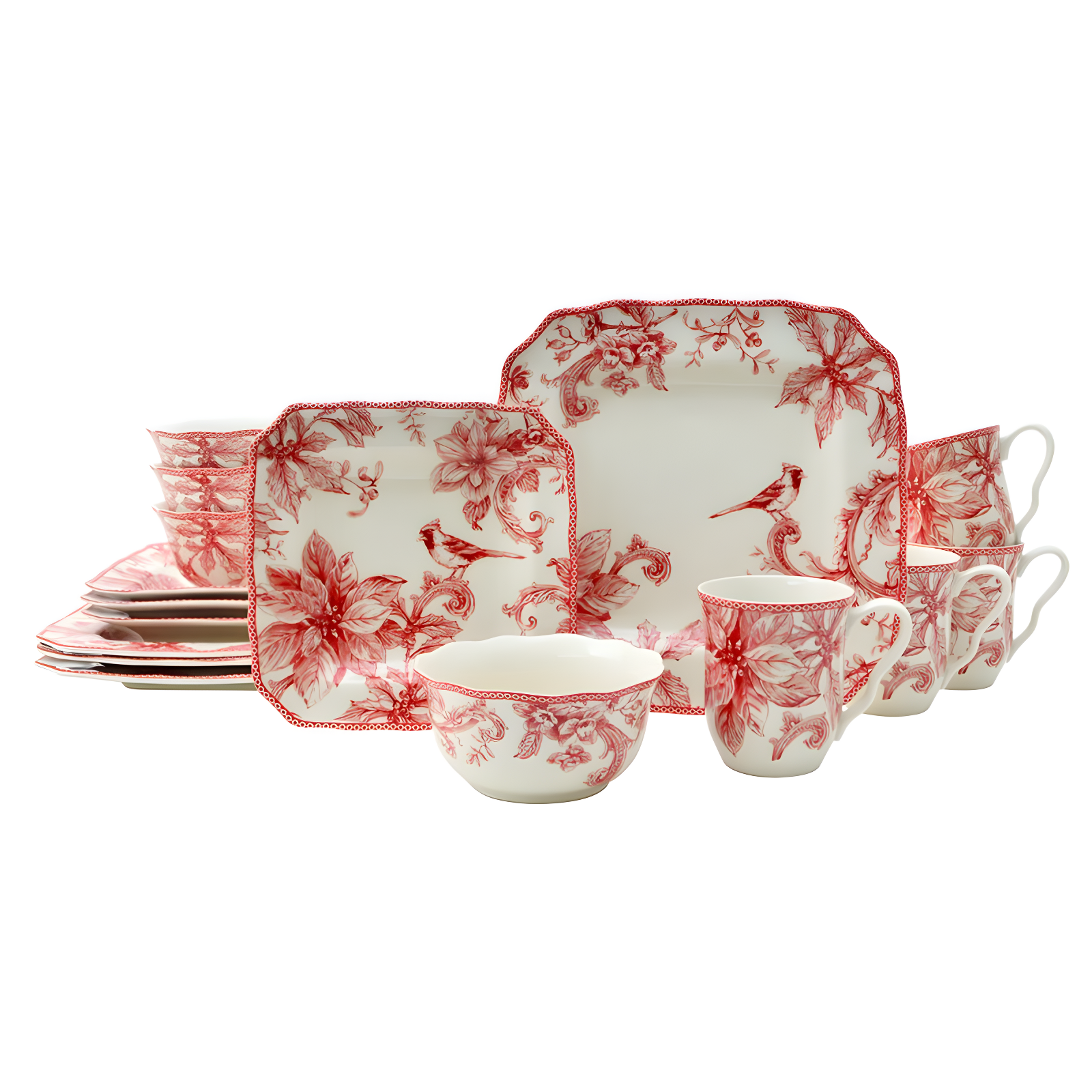 222 Fifth 222 Fifth Christmas Lane Red 16-Piece Porcelain Dinnerware Set - Service For 4, Plates, Bowls & Mugs