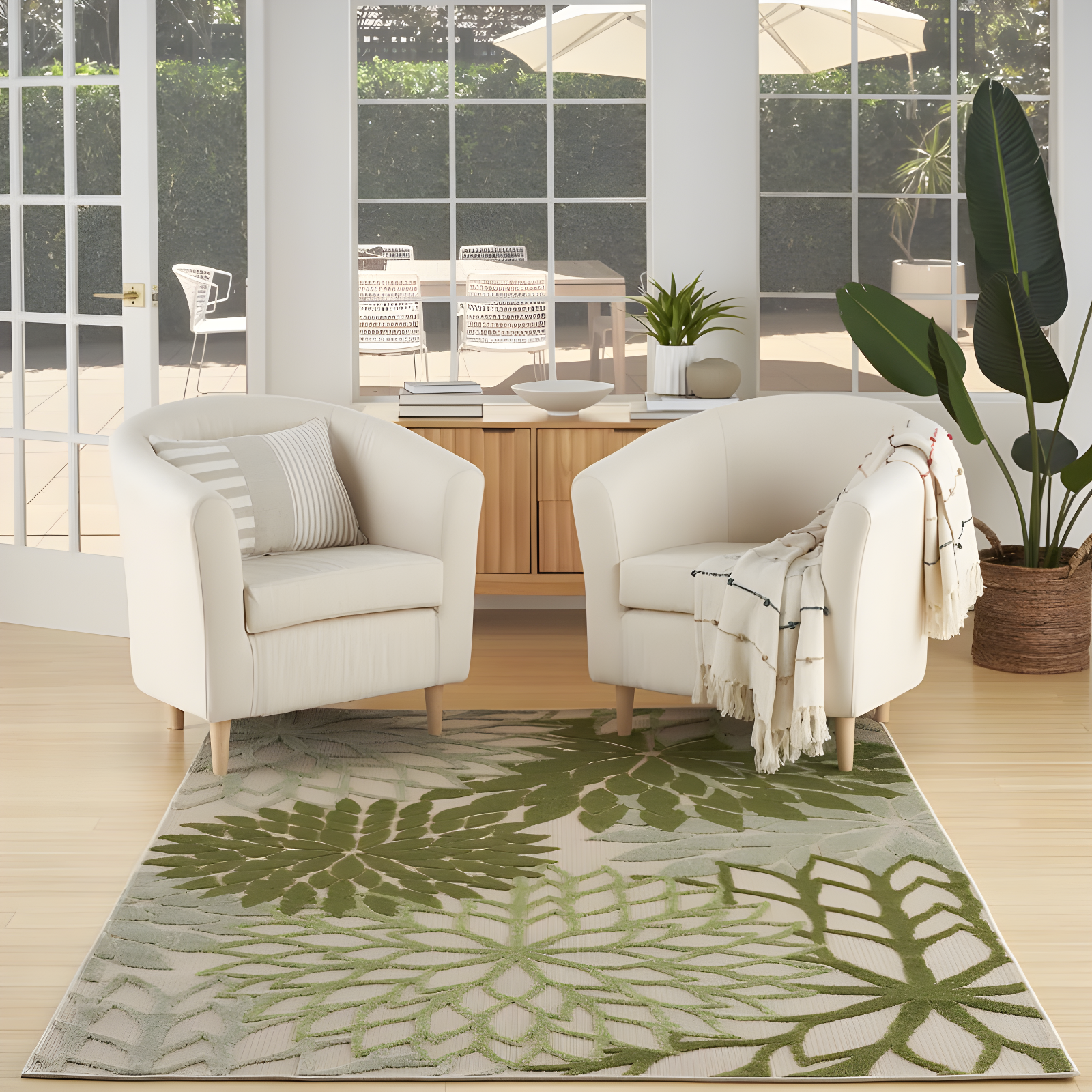 Nourison Aloha Floral Bloom Flatweave High-Low Indoor Outdoor Area Rug Ivory Green 3'6" x 5'6"