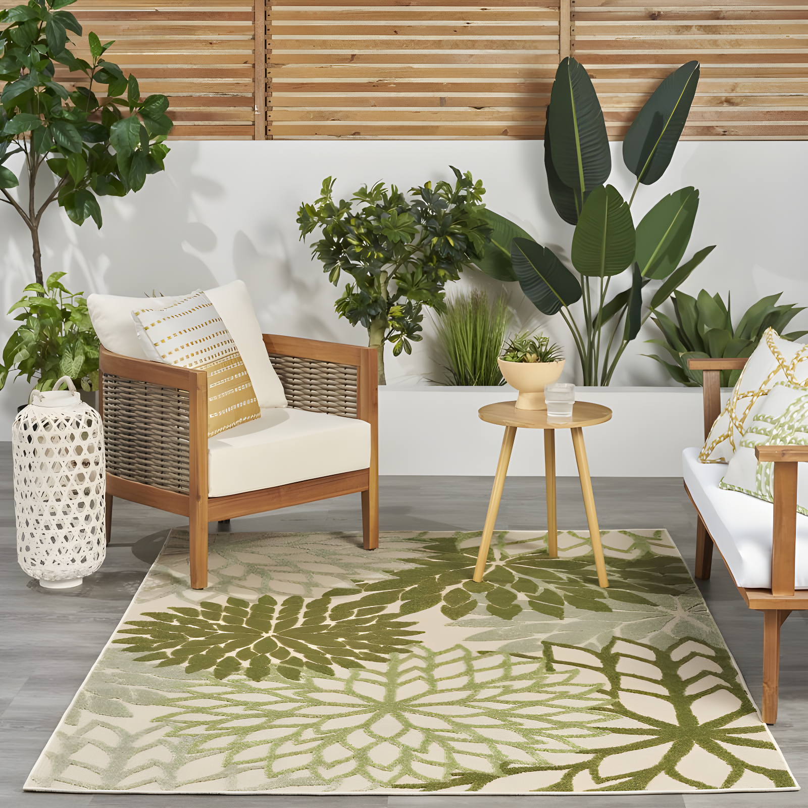 Nourison Aloha Floral Bloom Flatweave High-Low Indoor Outdoor Area Rug Ivory Green 3'6" x 5'6"
