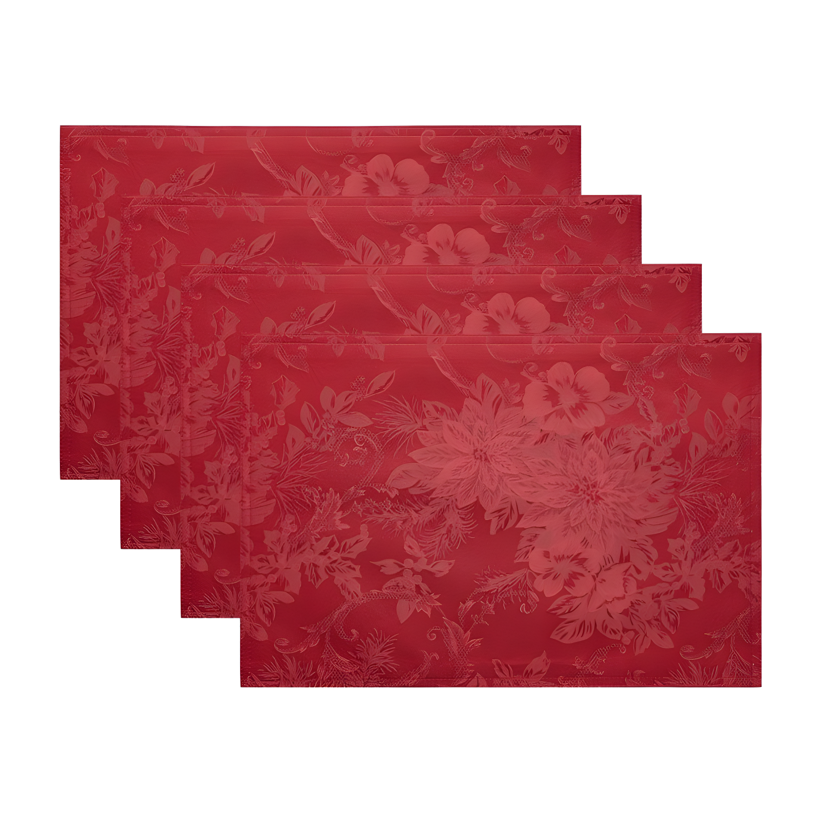 Poinsettia Elegance Jacquard Holiday Placemat, Set of 4 - 13" x 19" - Red - Elrene Home Fashions