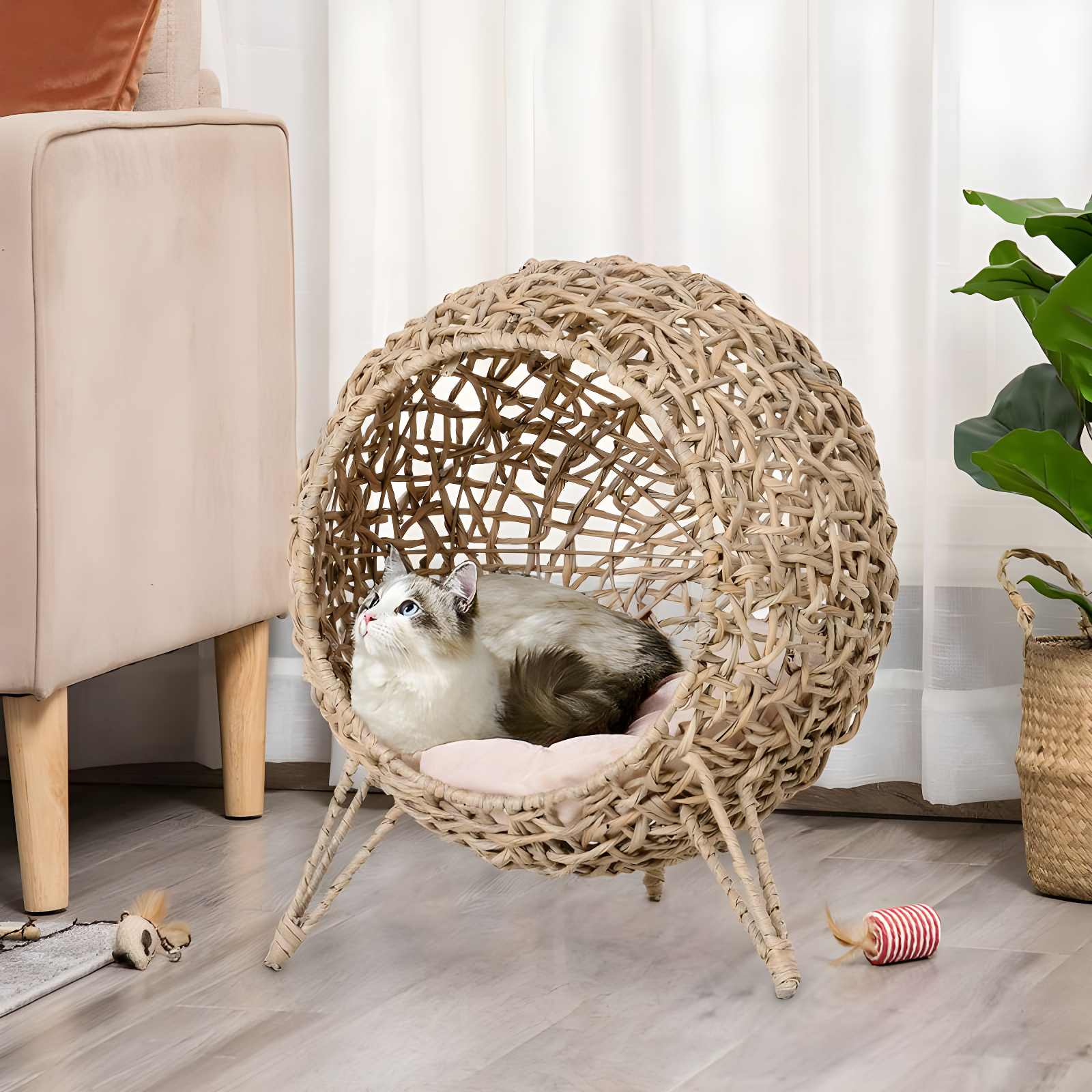 PawHut Rattan Cat Bed Elevated Wicker Kitten House with Cushion, Natural, 20.5" x 20.5" x 22.75"