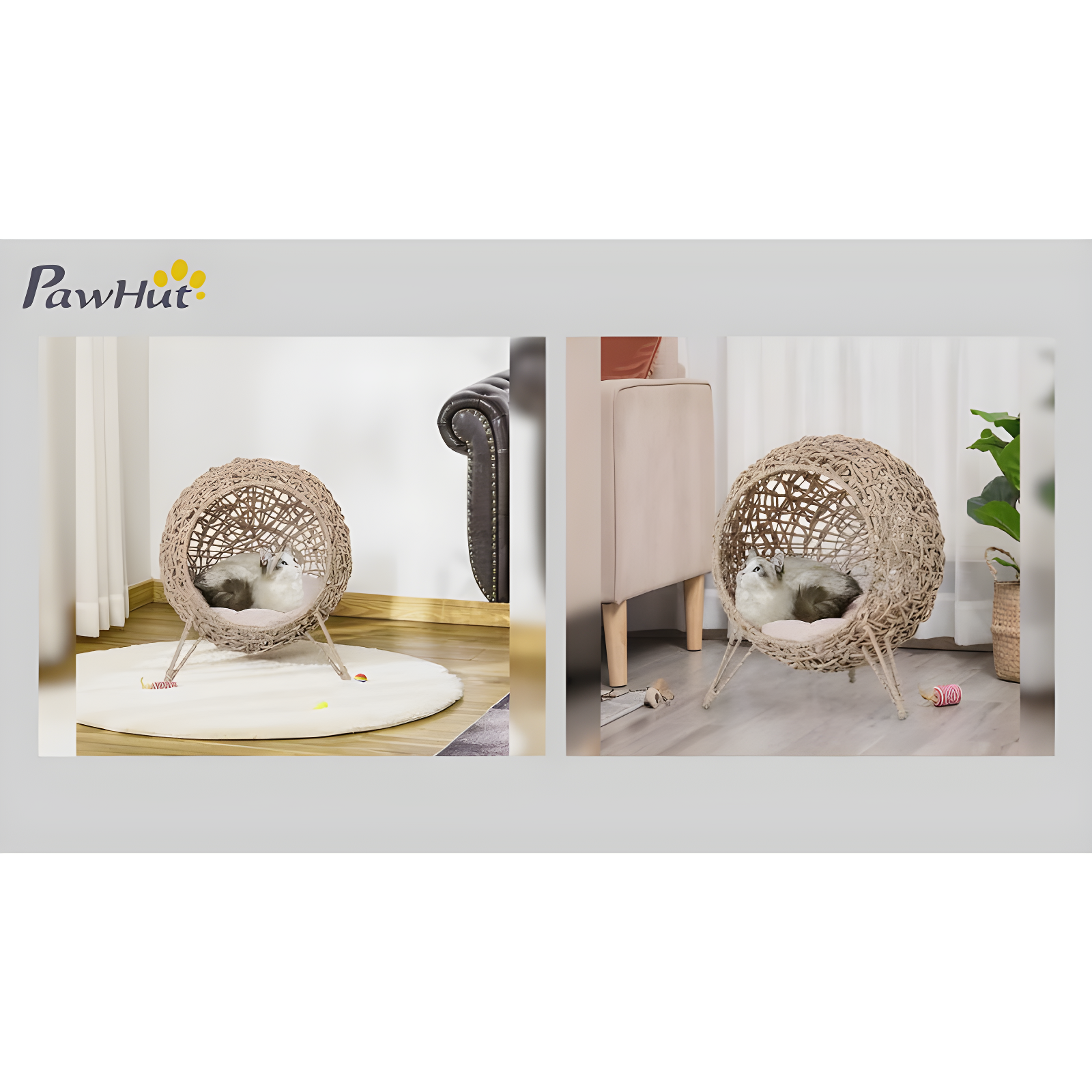 PawHut Rattan Cat Bed Elevated Wicker Kitten House with Cushion, Natural, 20.5" x 20.5" x 22.75"