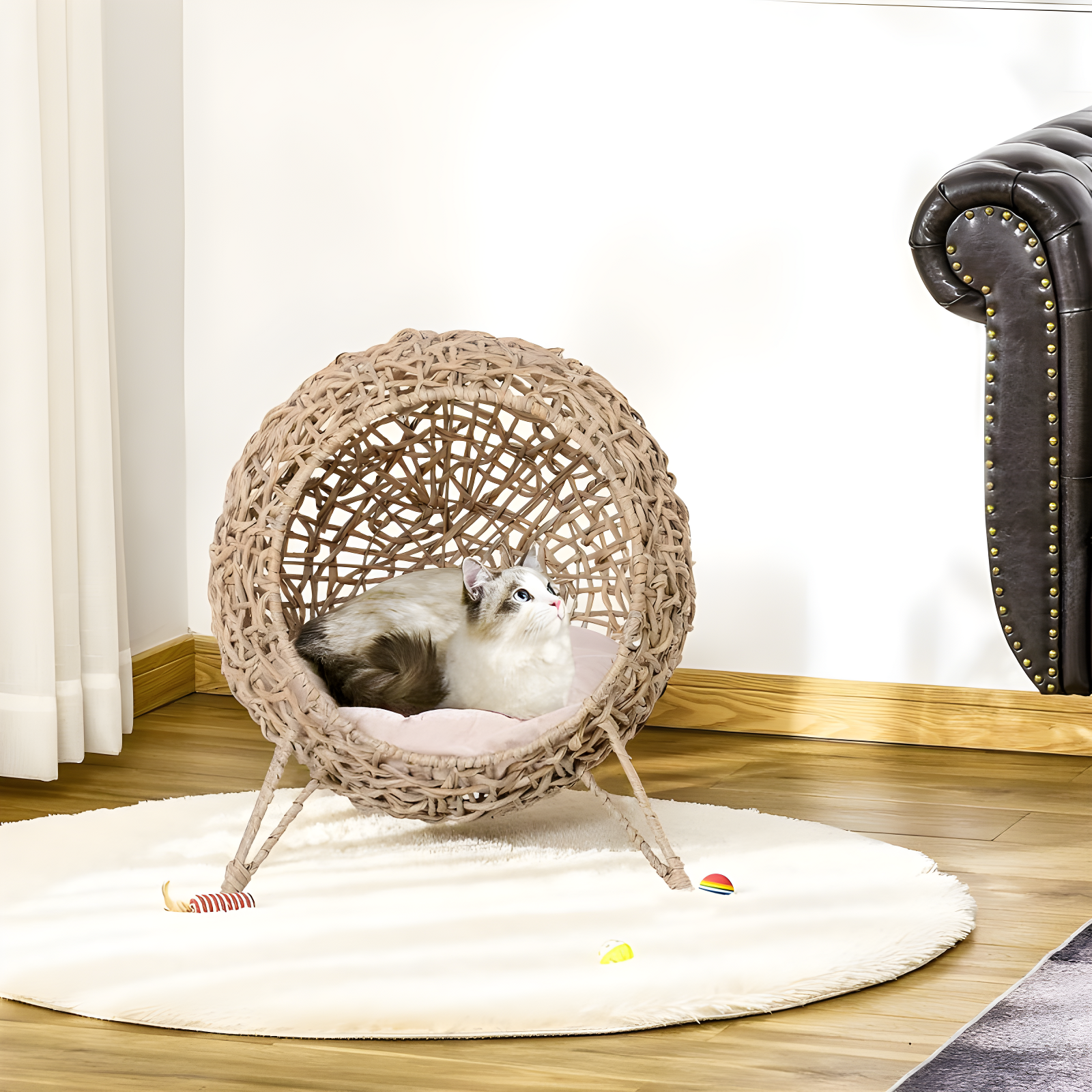 PawHut Rattan Cat Bed Elevated Wicker Kitten House with Cushion, Natural, 20.5" x 20.5" x 22.75"