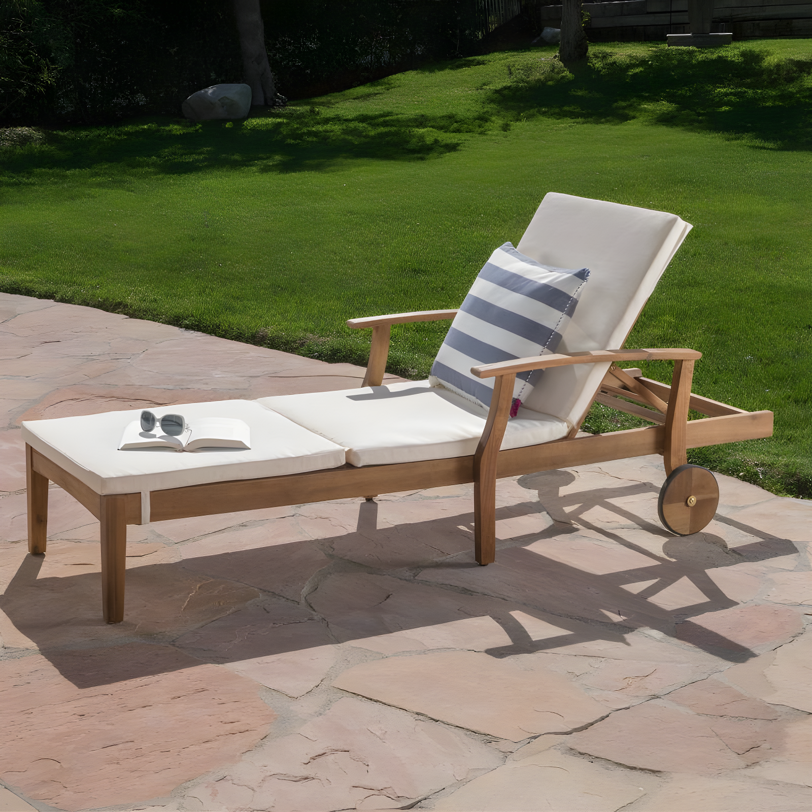 Perla Acacia Chaise Lounge - Teak/Cream - Christopher Knight Home: Patio Furniture with Wheels