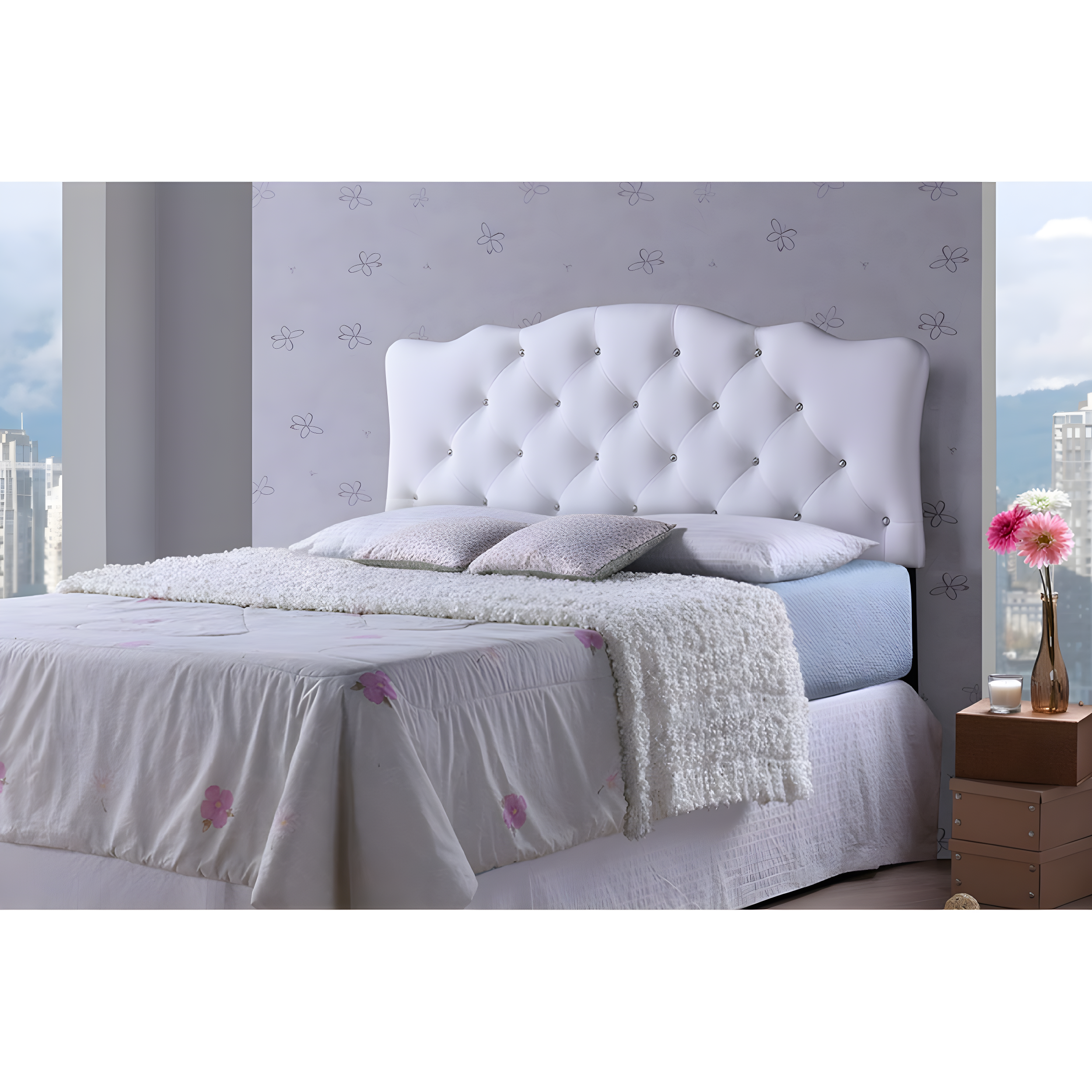 Queen Rita Modern And Contemporary Faux Leather Upholstered Button-Tufted Scalloped Headboard White - Baxton Studio